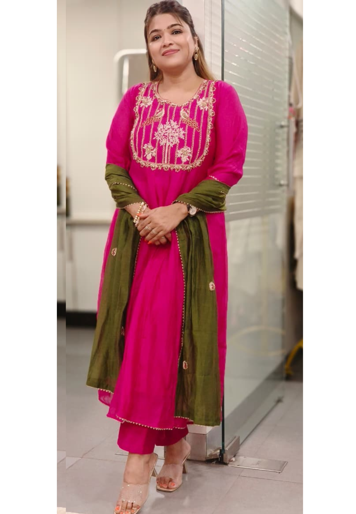 Birds Royal Zardosi U-Yoke Panel A-Line Full Suit Set With Dupatta In Mul Chanderi Fabric- 11132,11131