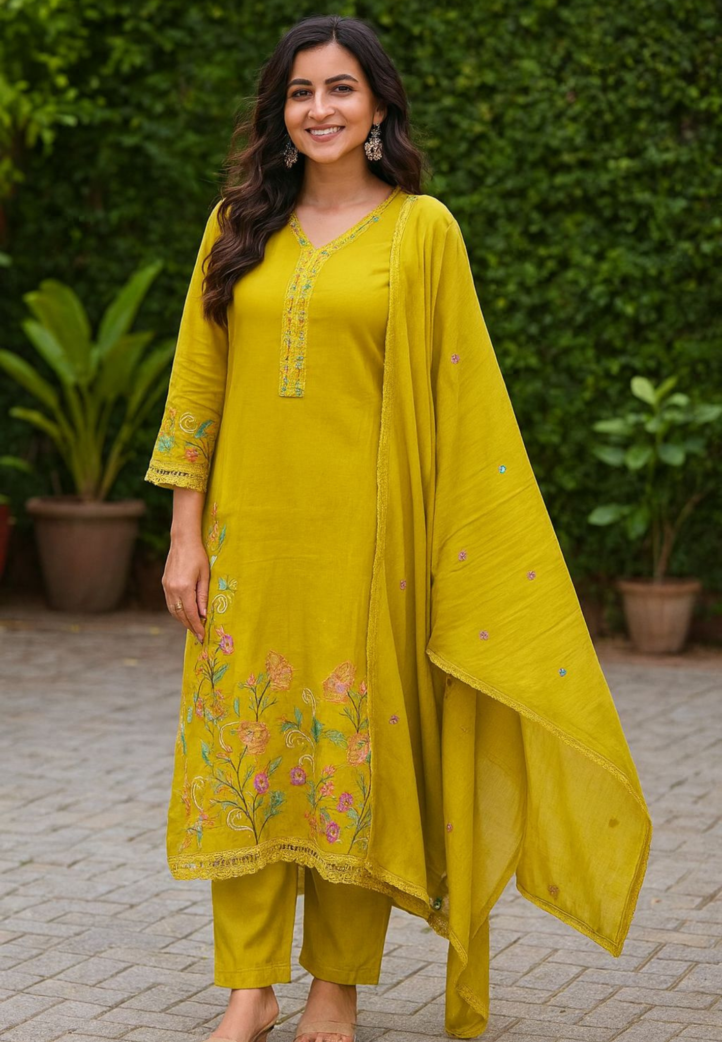 Surat Mul chanderi Floral Thread Embroidered Simple Look Full Suit Set With Dupatta- 11204