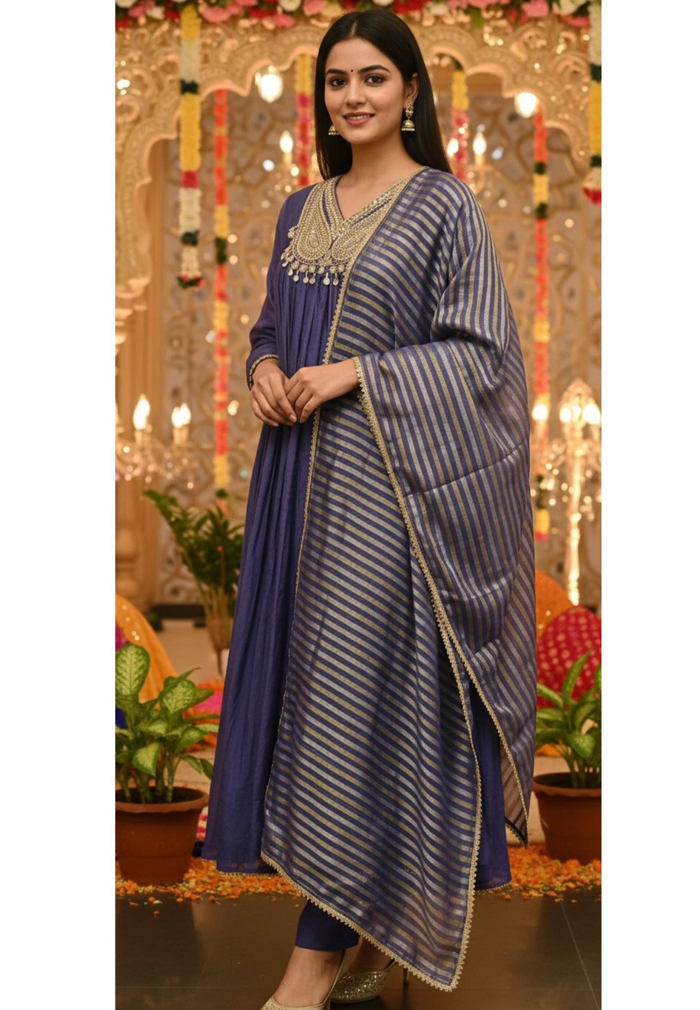 Handwork A-Line Mul Chanderi Full Suit Set With Dupatta- 10511