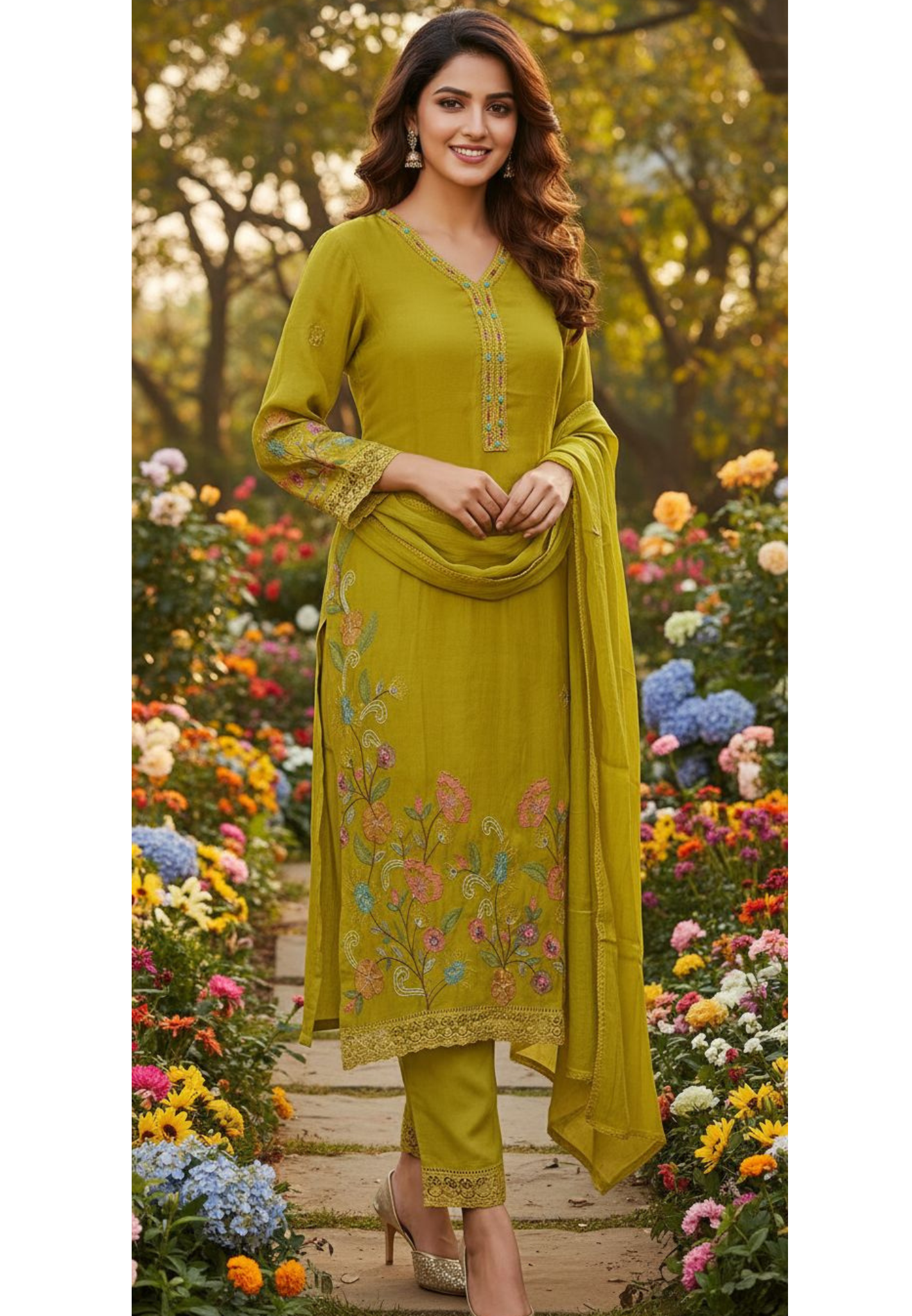 Surat Mul chanderi Floral Thread Embroidered Simple Look Full Suit Set With Dupatta- 11204