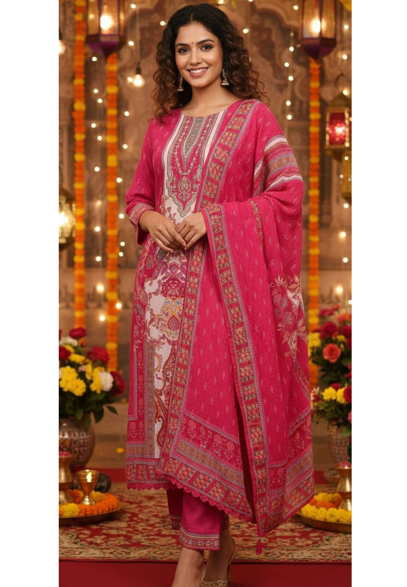 Bright Pink Lawn Printed Full Suit Set With Dupatta In Crepe Fabric- 11025