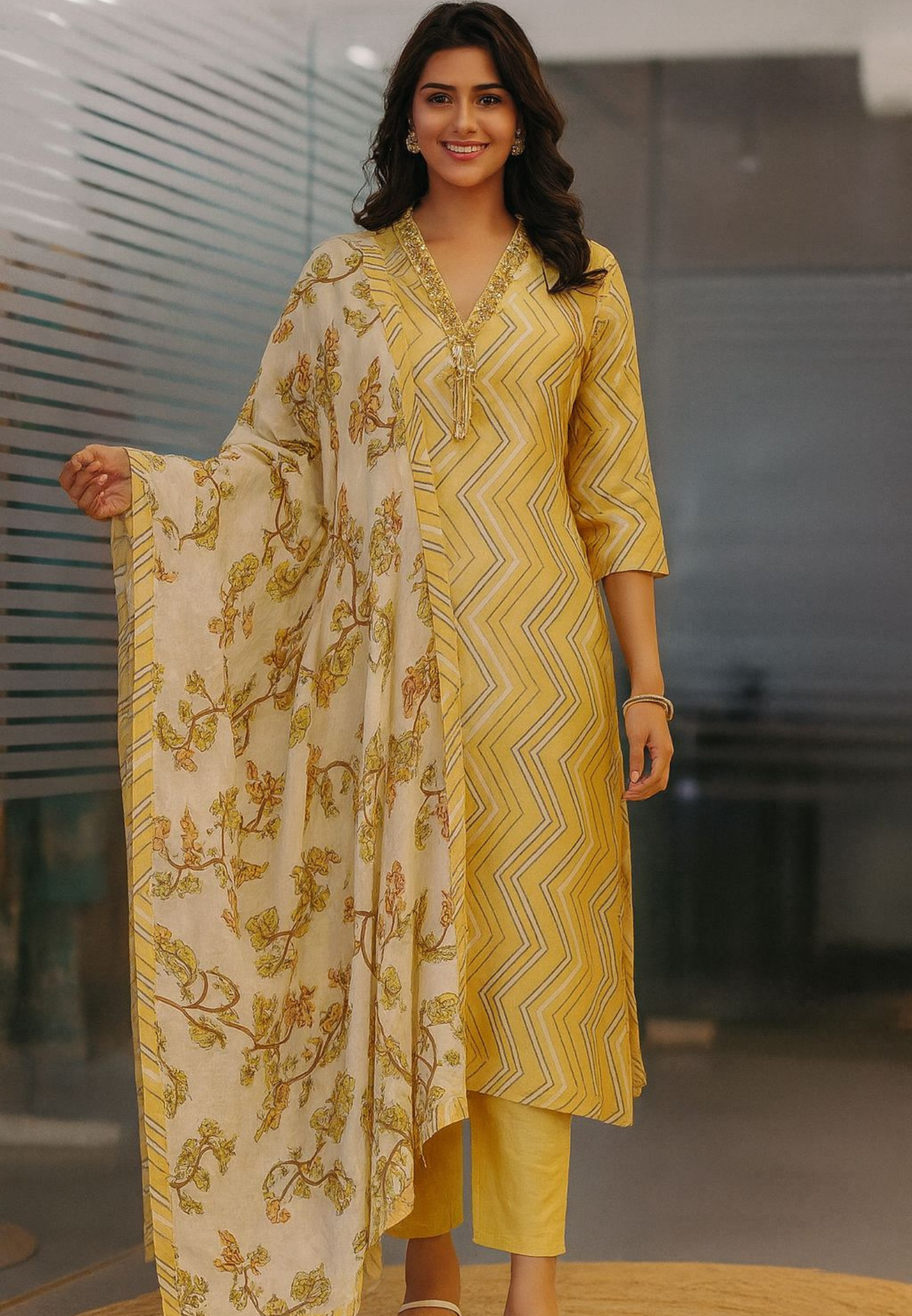 Zig-Zag Striped Tassel Cut-Dana Neck Work A-Line Full Suit Set With Dupatta In Muslin Fabric- 11185