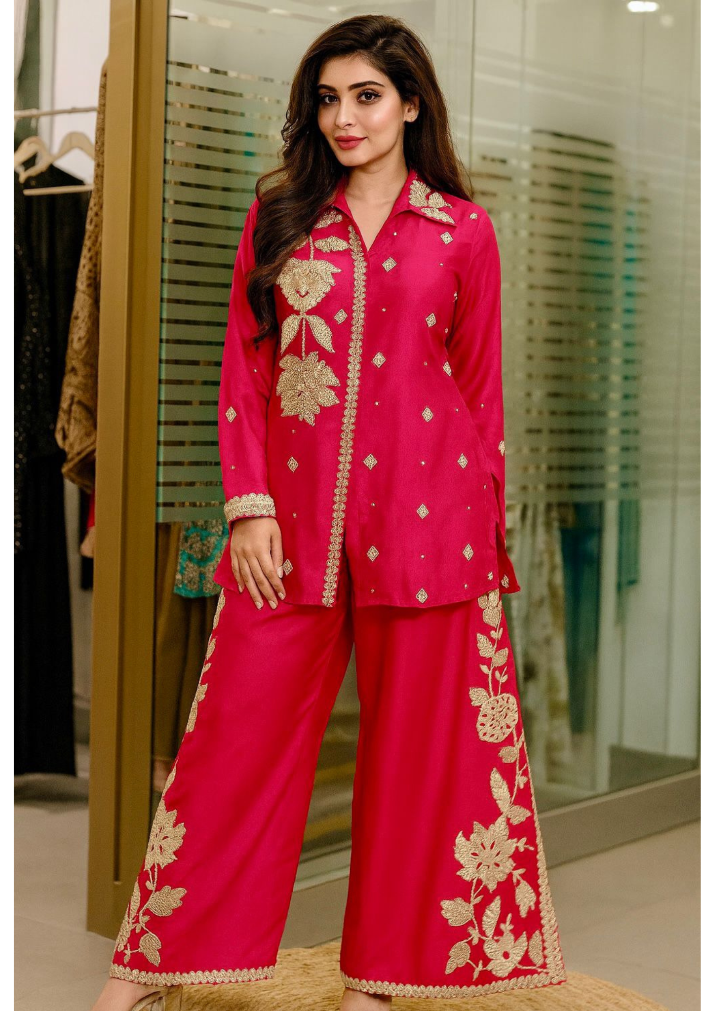 Ruby Glow Golden Bloom Floral Thread Embroidered Co-Ord Set In Chinon Fabric- 11200