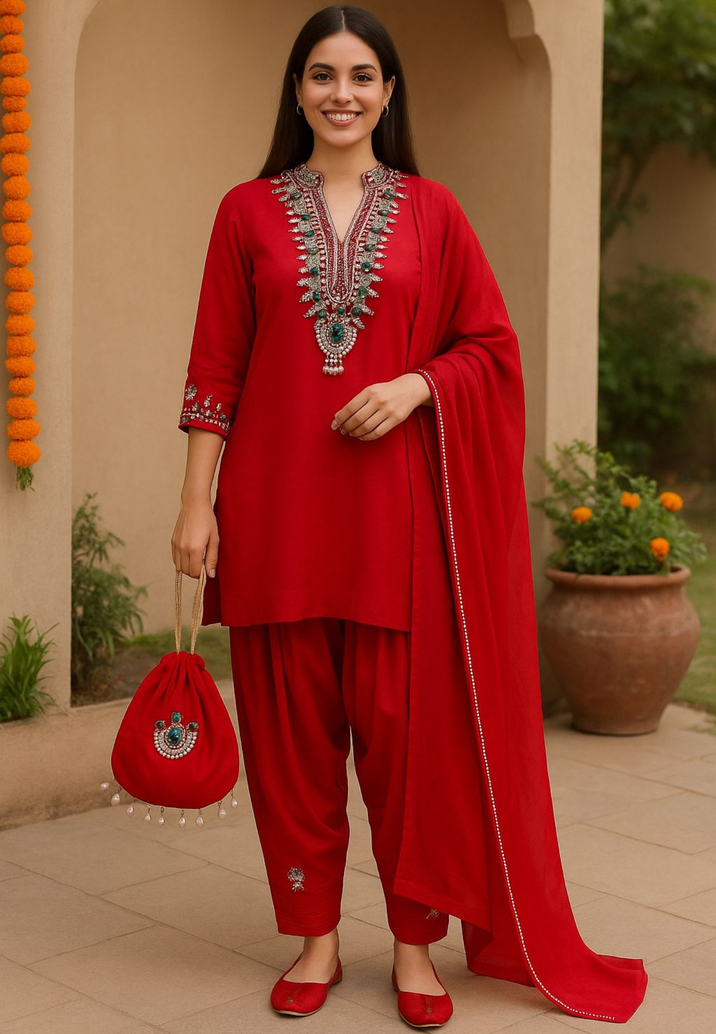 Shahi Glam Luxe Crystal Stone Work Full Suit Set With Farsi Salwar & Potli In Organza Satin Fabric- 10776