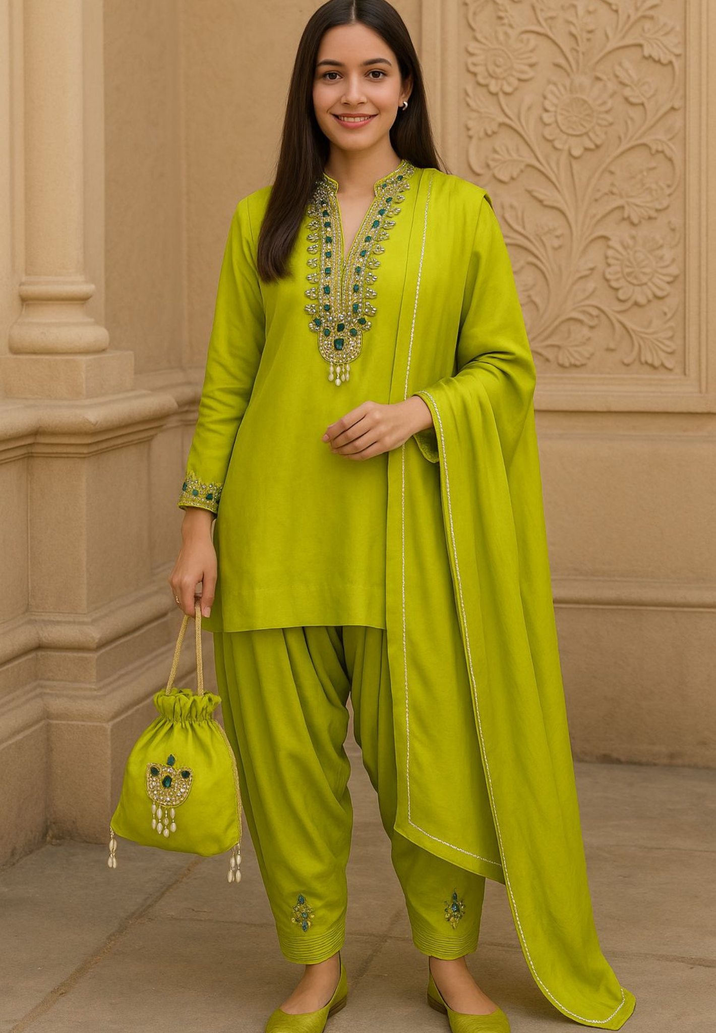 Shahi Glam Luxe Crystal Stone Work Full Suit Set With Farsi Salwar & Potli In Organza Satin Fabric- 10776