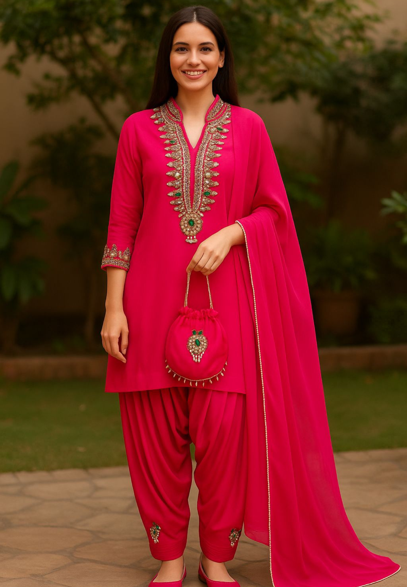 Shahi Glam Luxe Crystal Stone Work Full Suit Set With Farsi Salwar & Potli In Organza Satin Fabric- 10776