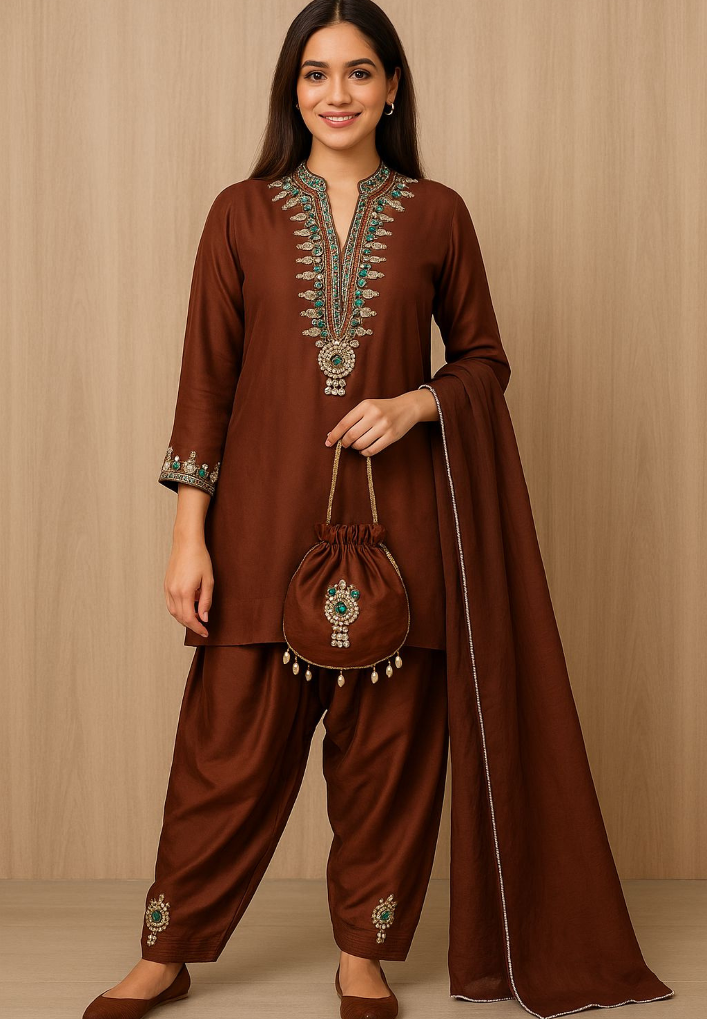 Shahi Glam Luxe Crystal Stone Work Full Suit Set With Farsi Salwar & Potli In Organza Satin Fabric- 10776