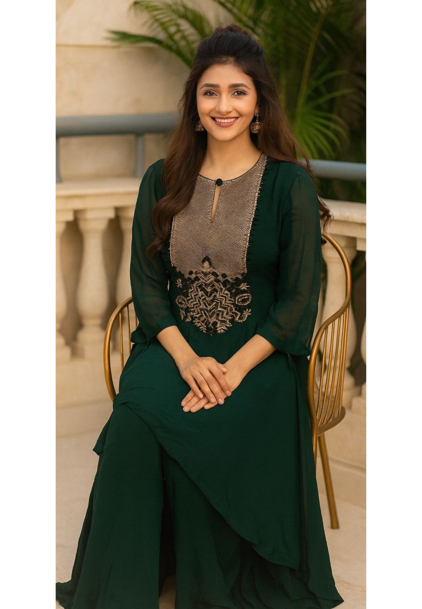 Pure Georgette Zari  Zig-Zag Embroidered Yoke High Low Kurta With Loose Palazzo Pant- 11305