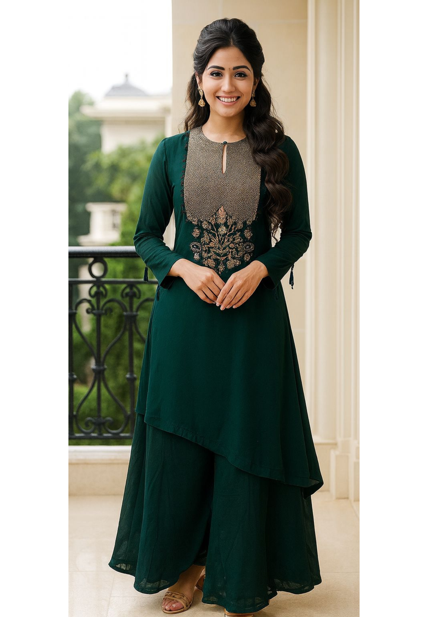 Pure Georgette Zari  Zig-Zag Embroidered Yoke High Low Kurta With Loose Palazzo Pant- 11305