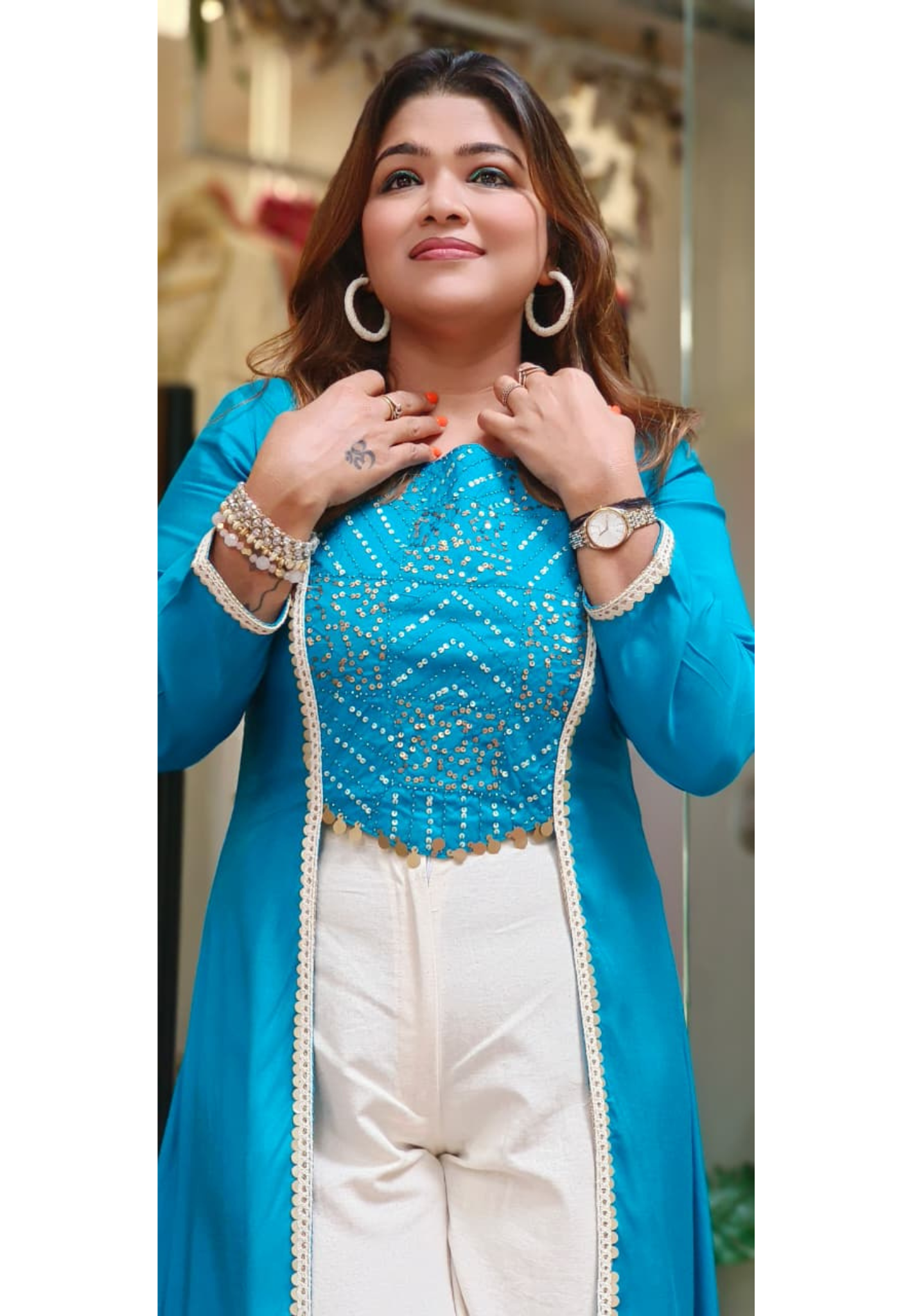 Foil Work With Tassel Buster With Shrug Look Long Kurta With Floral Printed Bottom In Slub Cotton Fabric-11034,11035