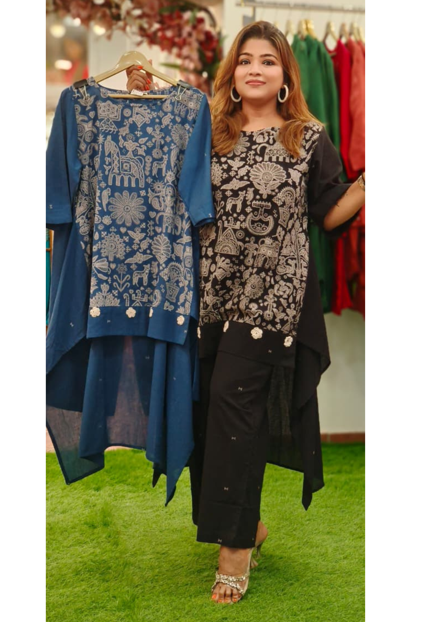 Flower & Figures Print Indo Western Wear Hi low Kurta & Loose Bottom (Loose Fit)-11042,11041