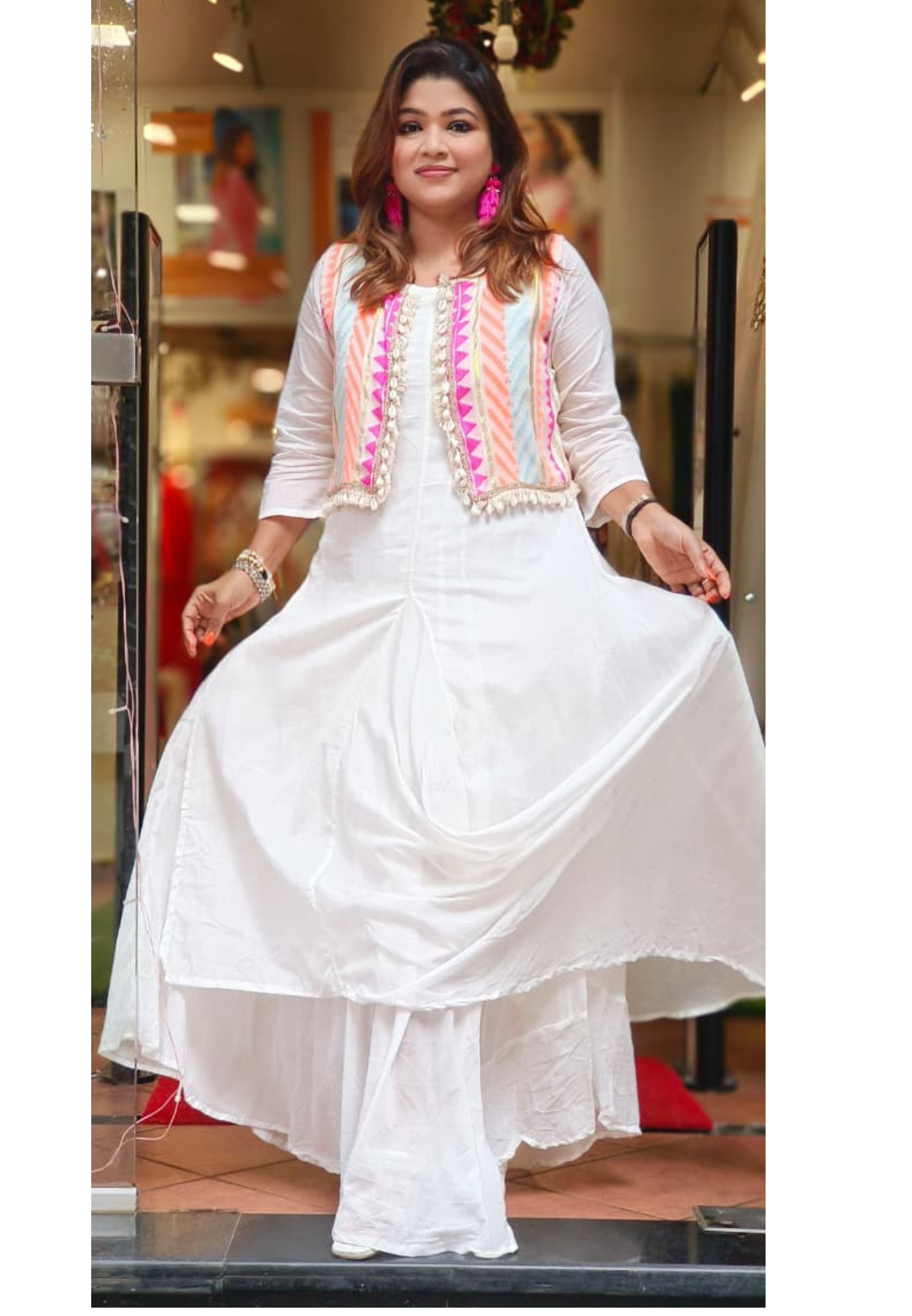 Neon Embroidered Shell Tassel Jacket With Kurta Pant Look Attached Gown In Mul Cotton Fabric- 10908