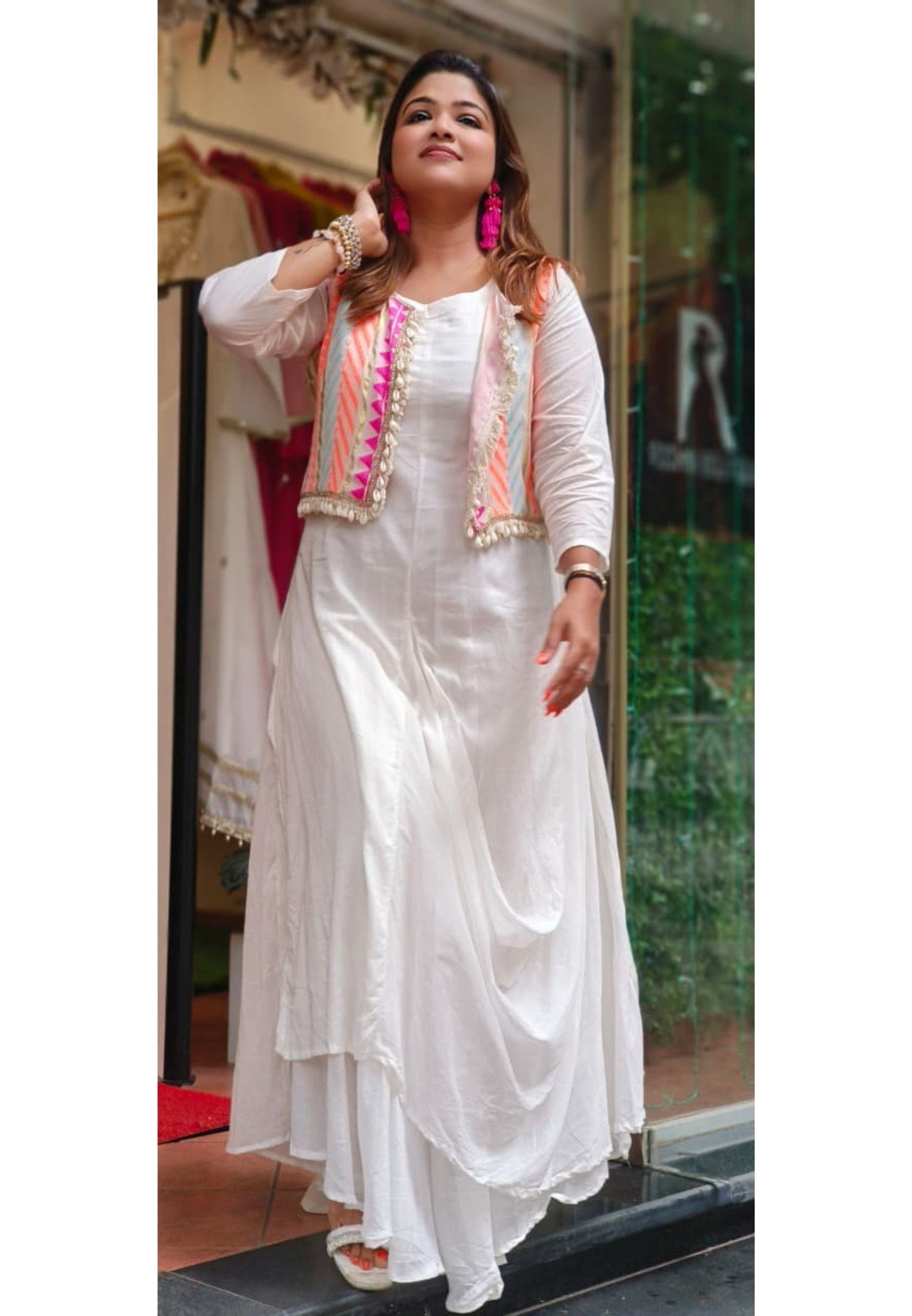 Neon Embroidered Shell Tassel Jacket With Kurta Pant Look Attached Gown In Mul Cotton Fabric- 10908