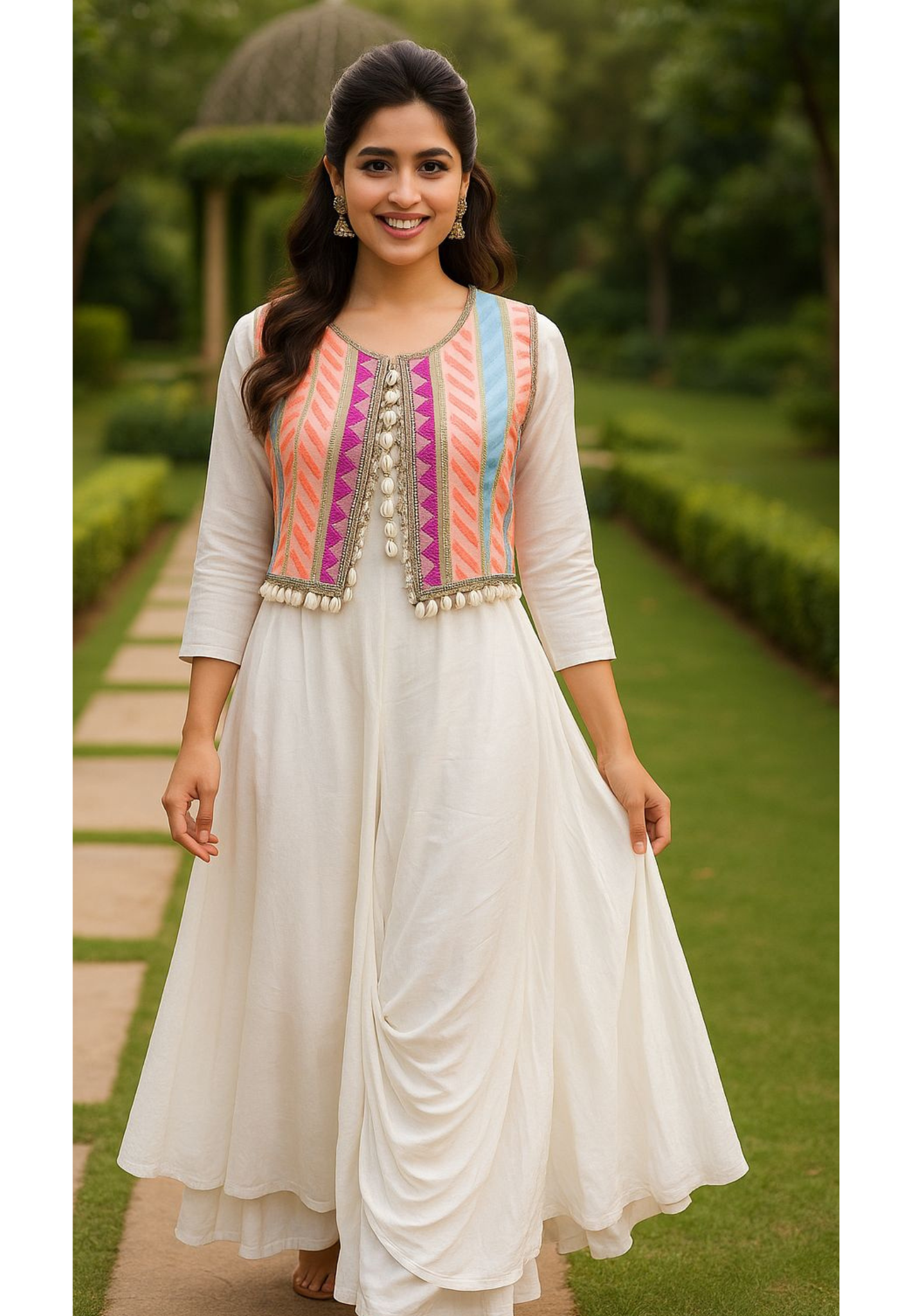Neon Embroidered Shell Tassel Jacket With Kurta Pant Look Attached Gown In Mul Cotton Fabric- 10908