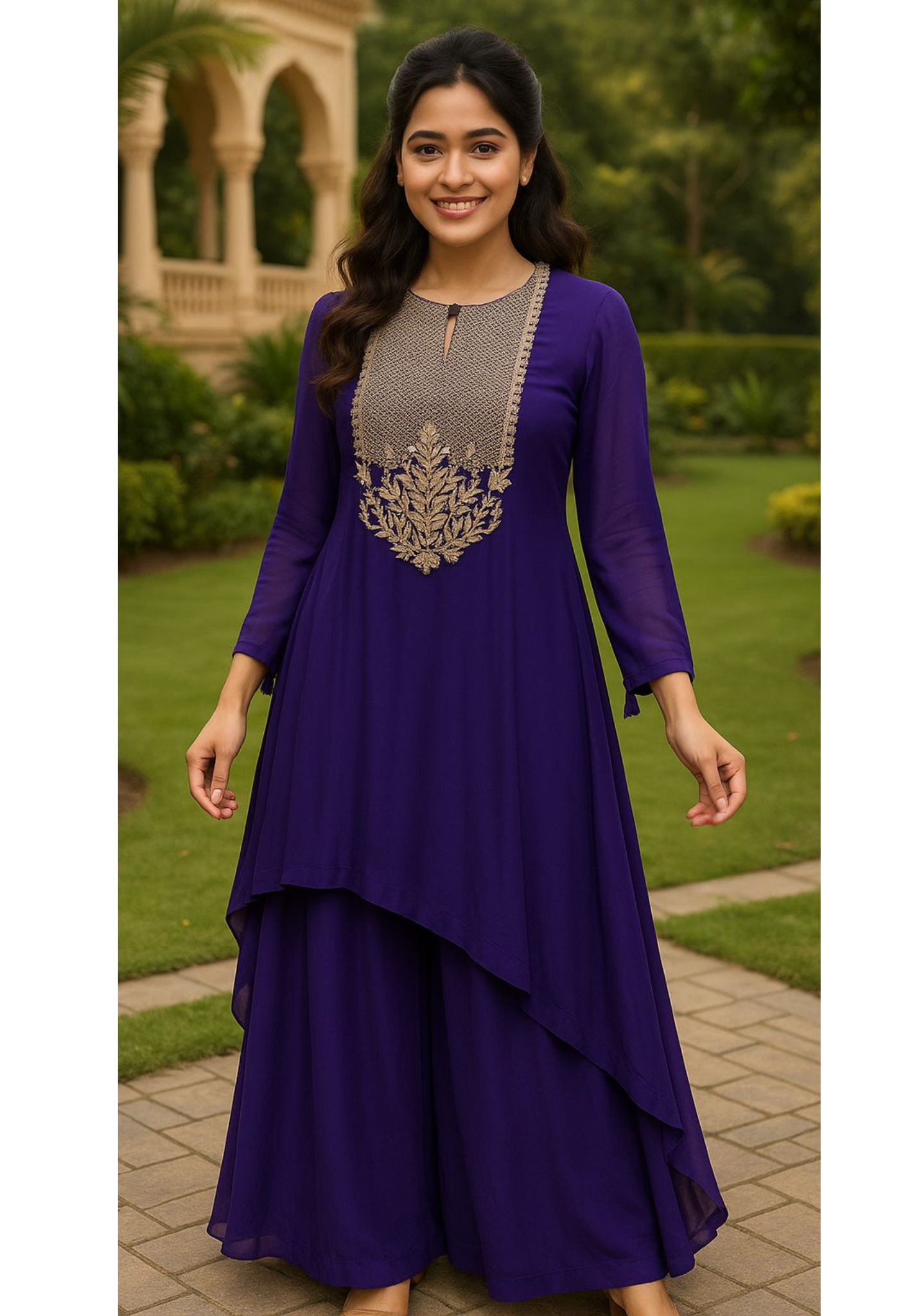 Pure Georgette Zari  Zig-Zag Embroidered Yoke High Low Kurta With Loose Palazzo Pant- 11305