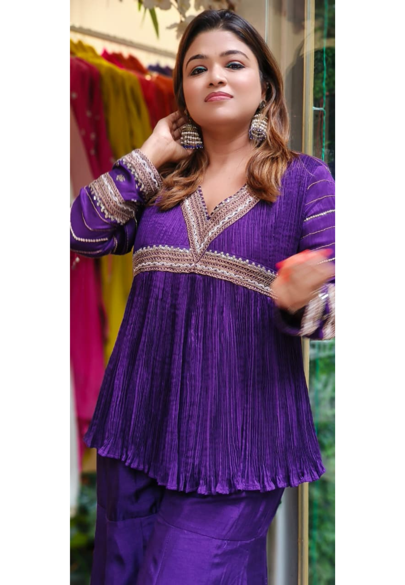 Stylish Purple Zari Gotta Bordered Crushed Peplum Short Kurta With Flared Tapper Pannel Sharara Bottom- 11315