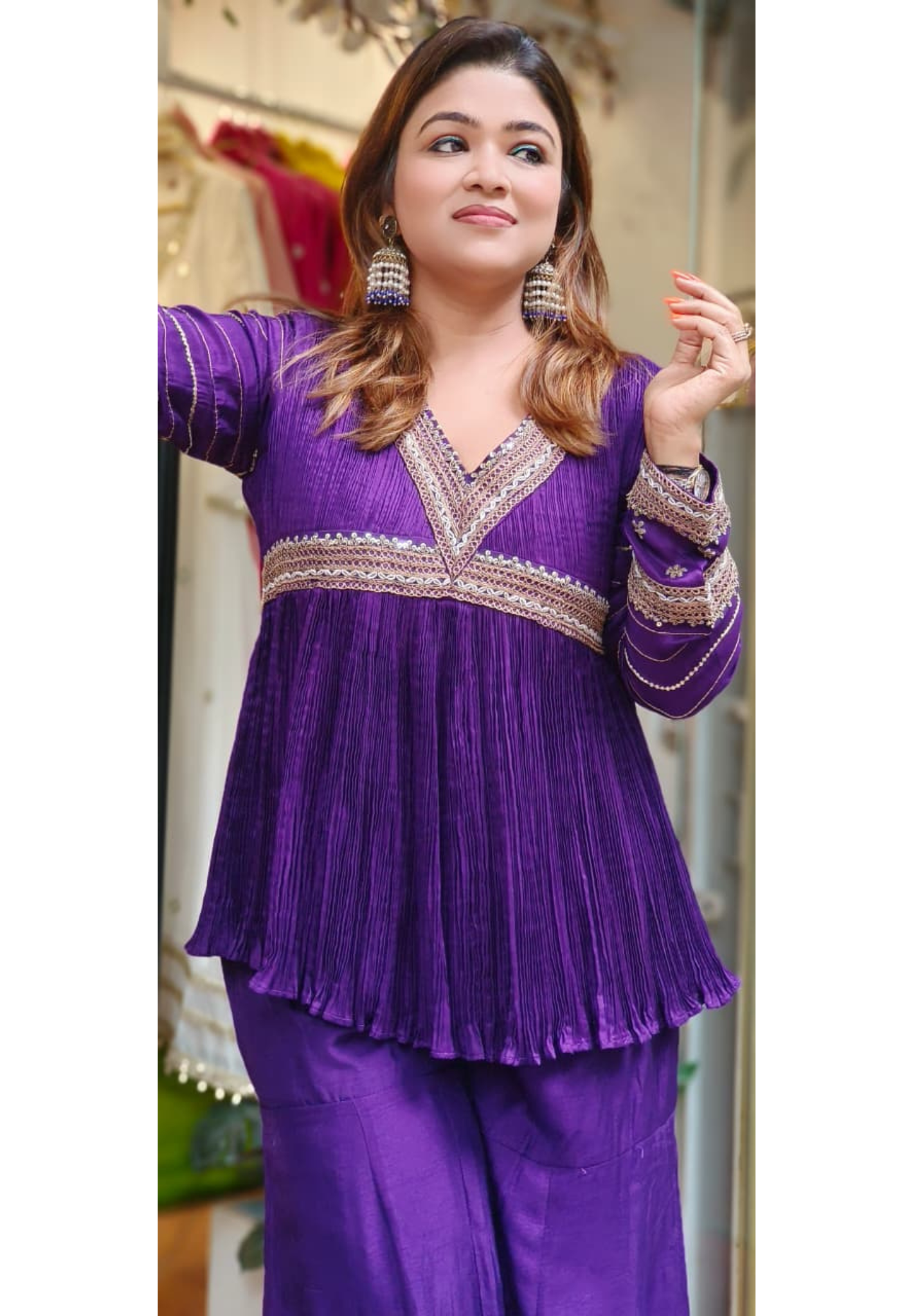 Stylish Purple Zari Gotta Bordered Crushed Peplum Short Kurta With Flared Tapper Pannel Sharara Bottom- 11315