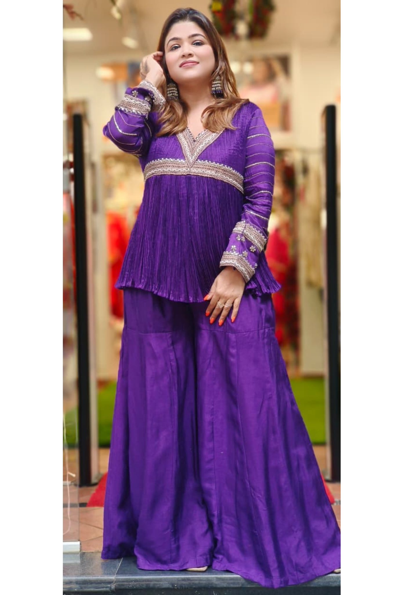 Stylish Purple Zari Gotta Bordered Crushed Peplum Short Kurta With Flared Tapper Pannel Sharara Bottom- 11315