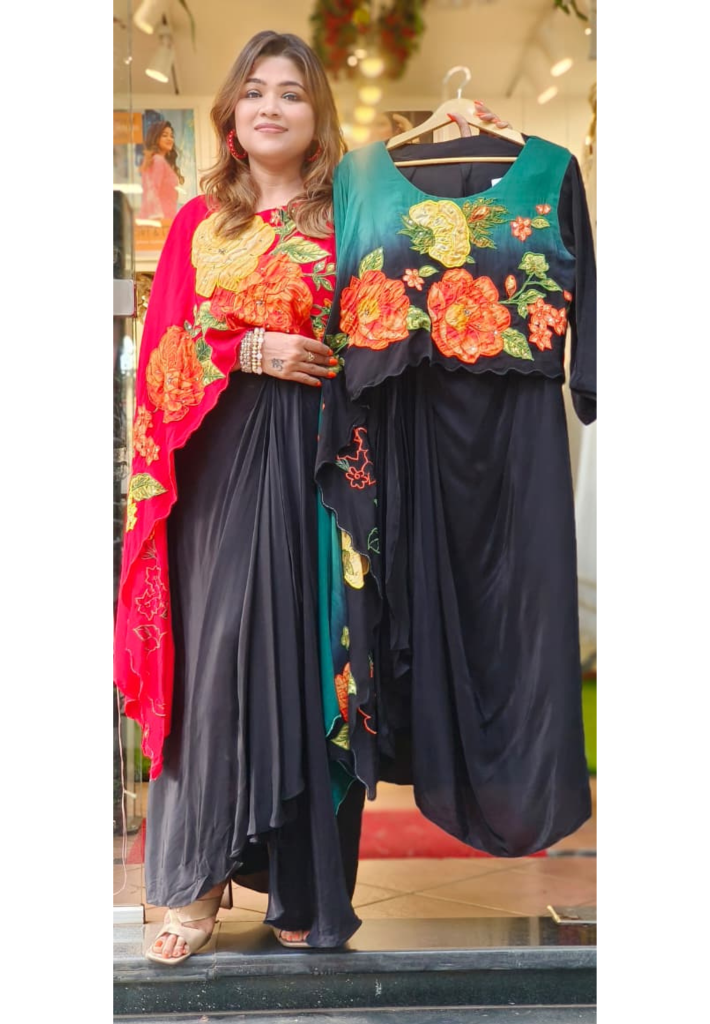 Blooming Floral Patch High Low Outer Attached Top With Drape Skirt In Crepe Fabric- 11291