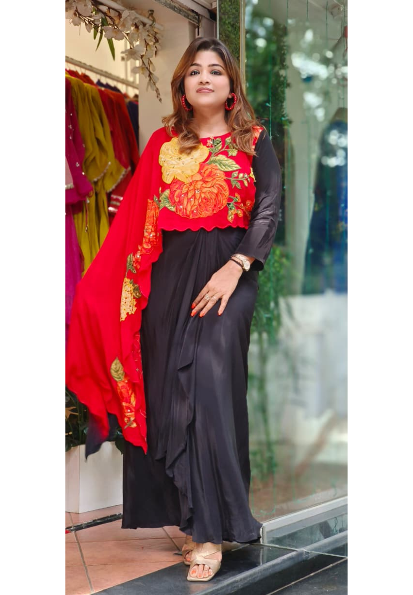 Blooming Floral Patch High Low Outer Attached Top With Drape Skirt In Crepe Fabric- 11291