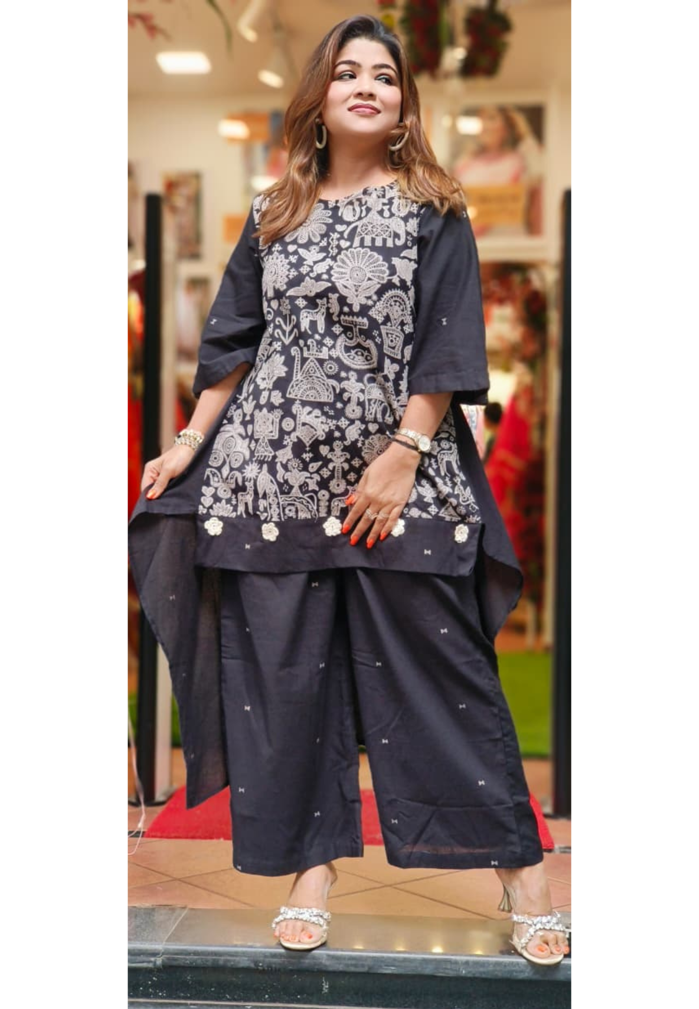 Flower & Figures Print Indo Western Wear Hi low Kurta & Loose Bottom (Loose Fit)-11042,11041