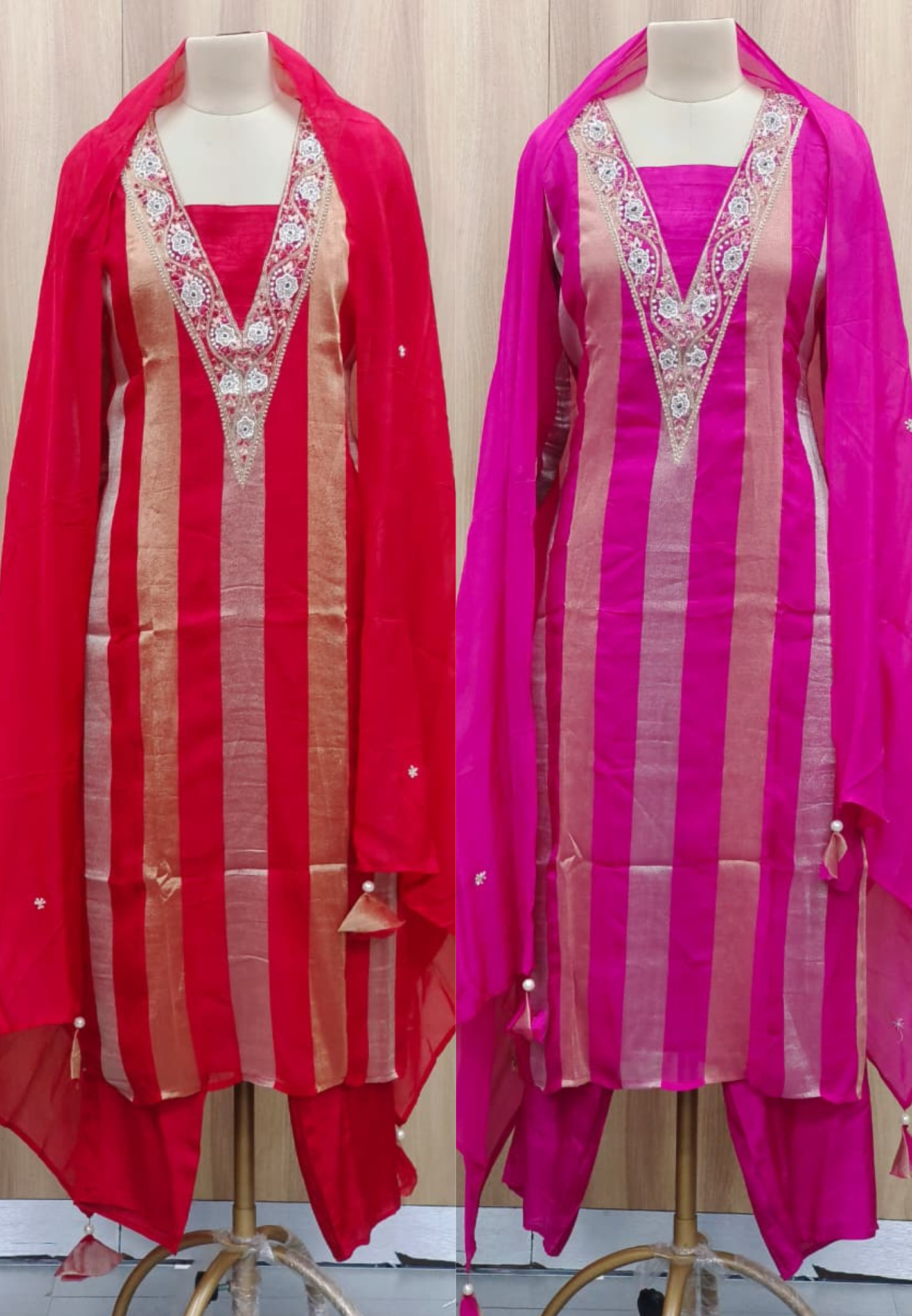 Beautiful V-Neck Hand Embroidered Shimmer Striped Full Suit Set With Dupatta- 10901 & 10902