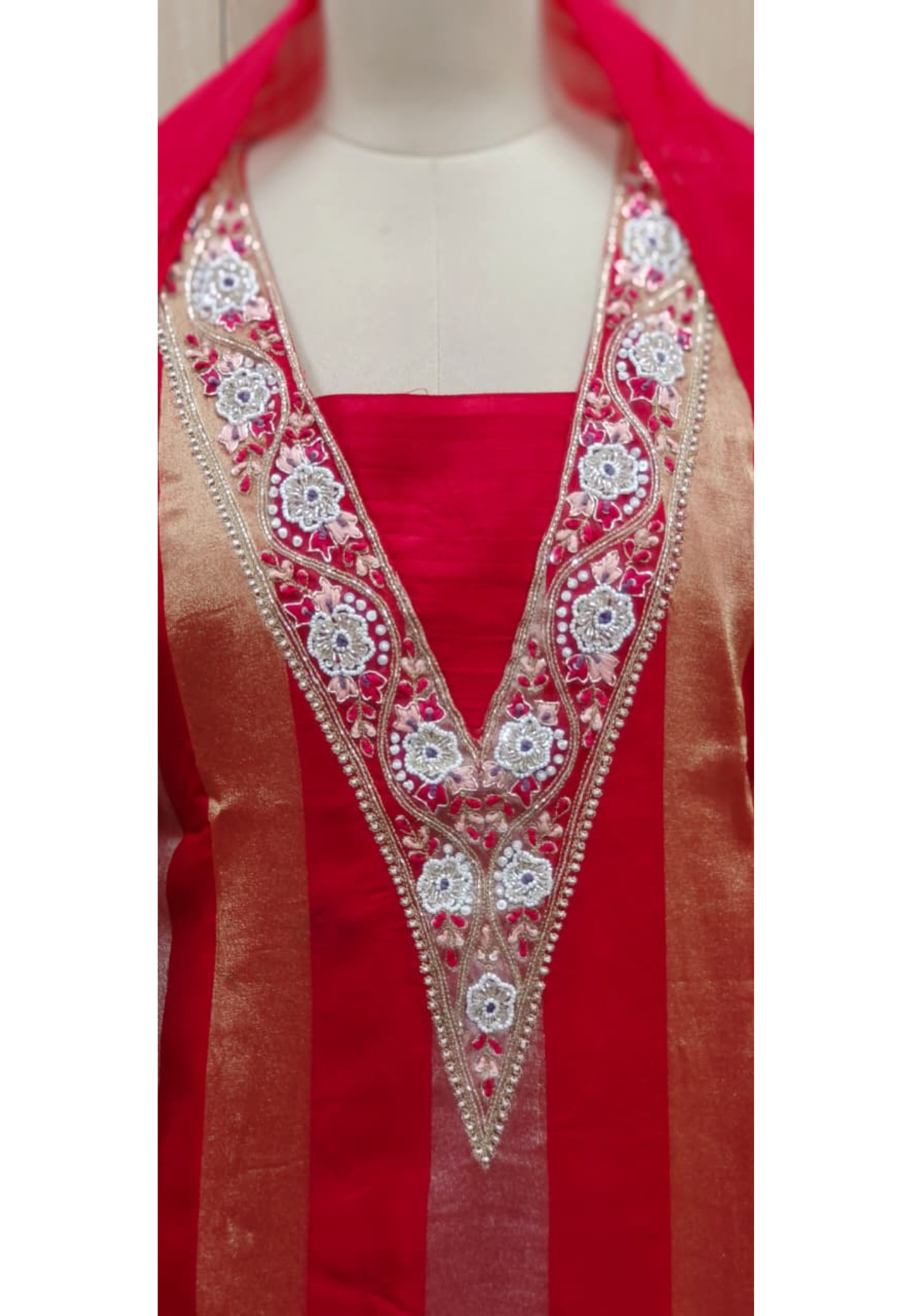 Beautiful V-Neck Hand Embroidered Shimmer Striped Full Suit Set With Dupatta- 10901 & 10902