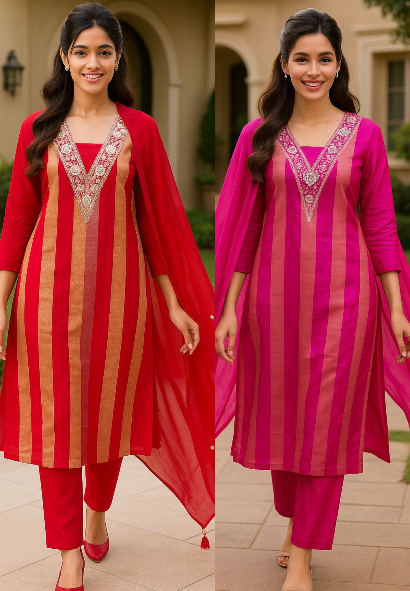Beautiful V-Neck Hand Embroidered Shimmer Striped Full Suit Set With Dupatta- 10901 & 10902