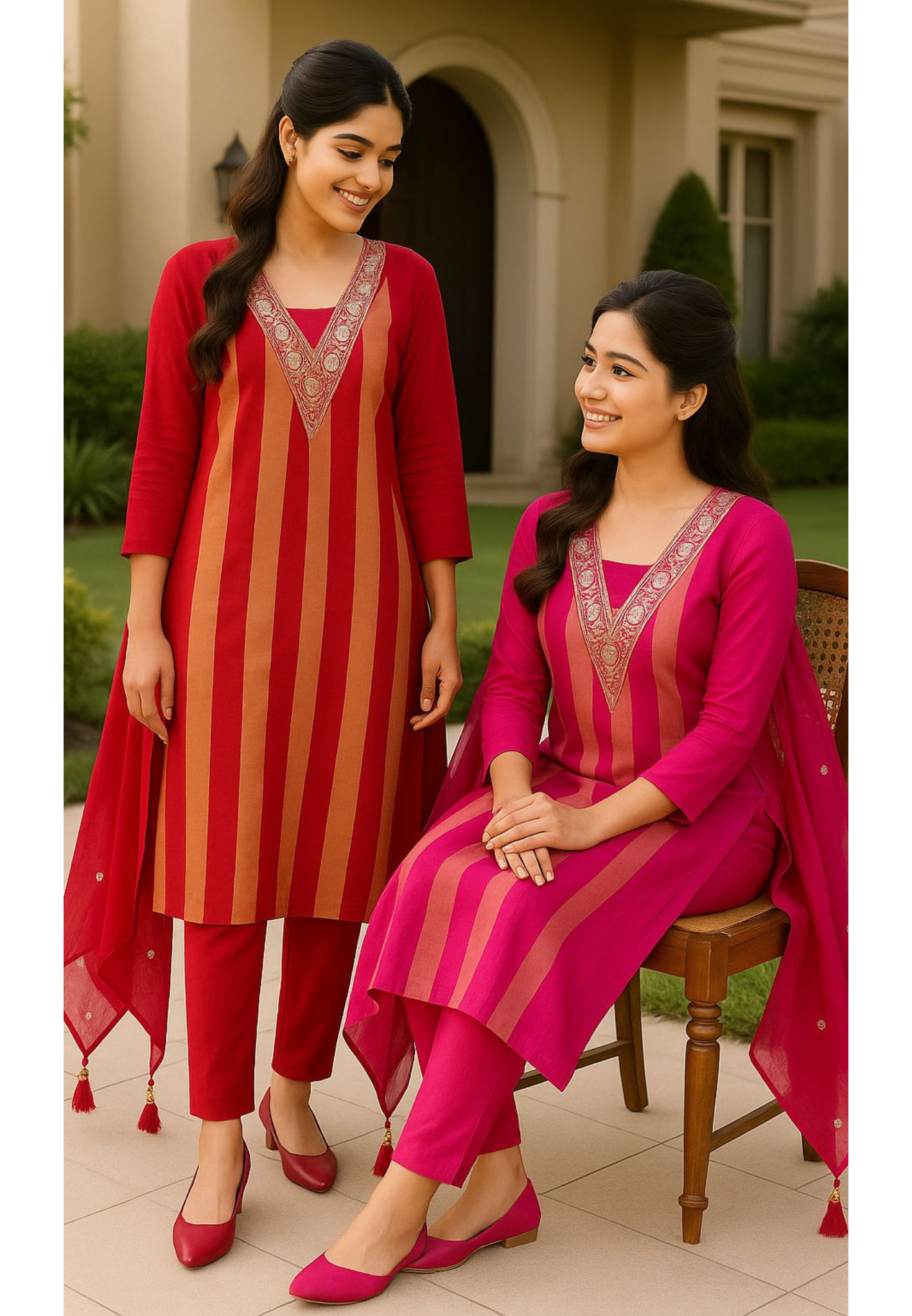 Beautiful V-Neck Hand Embroidered Shimmer Striped Full Suit Set With Dupatta- 10901 & 10902