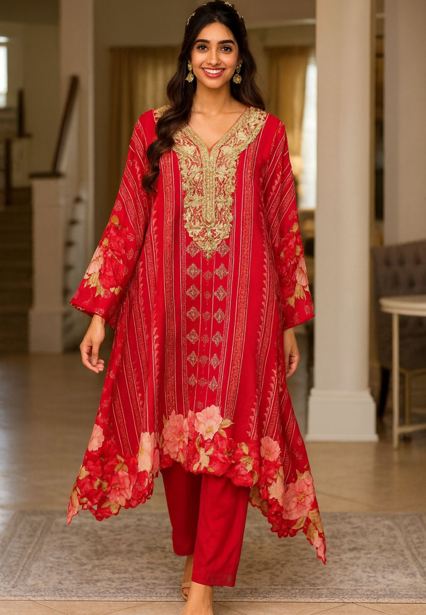 Elegant Floral Crape Kaftan with Side Cut Design, Gota Work, and Matching Plain Bottom