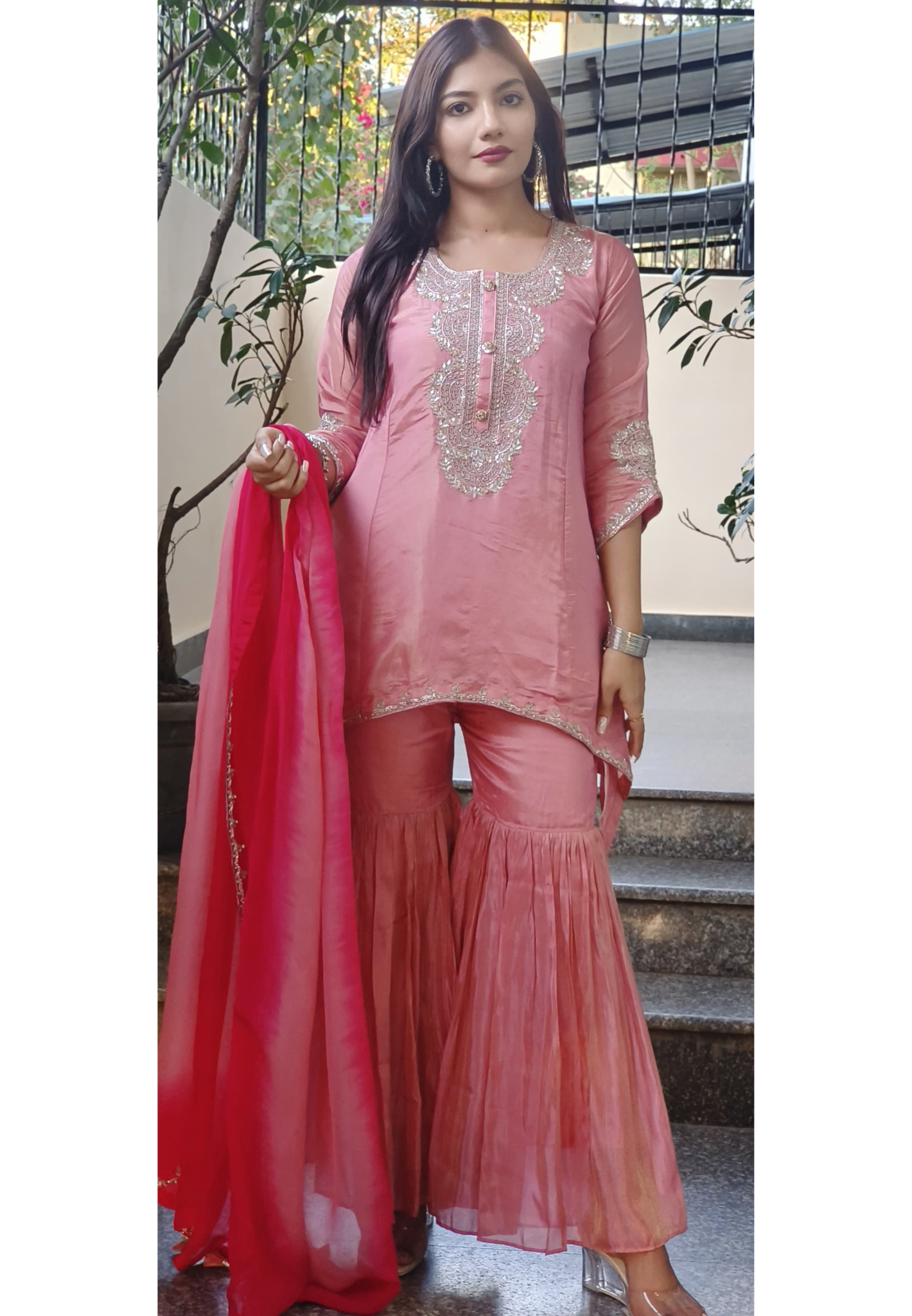 Designer Party Wear Shimmer Tissue High-Low Embroidered Kurta with Stylish Flared Bottom