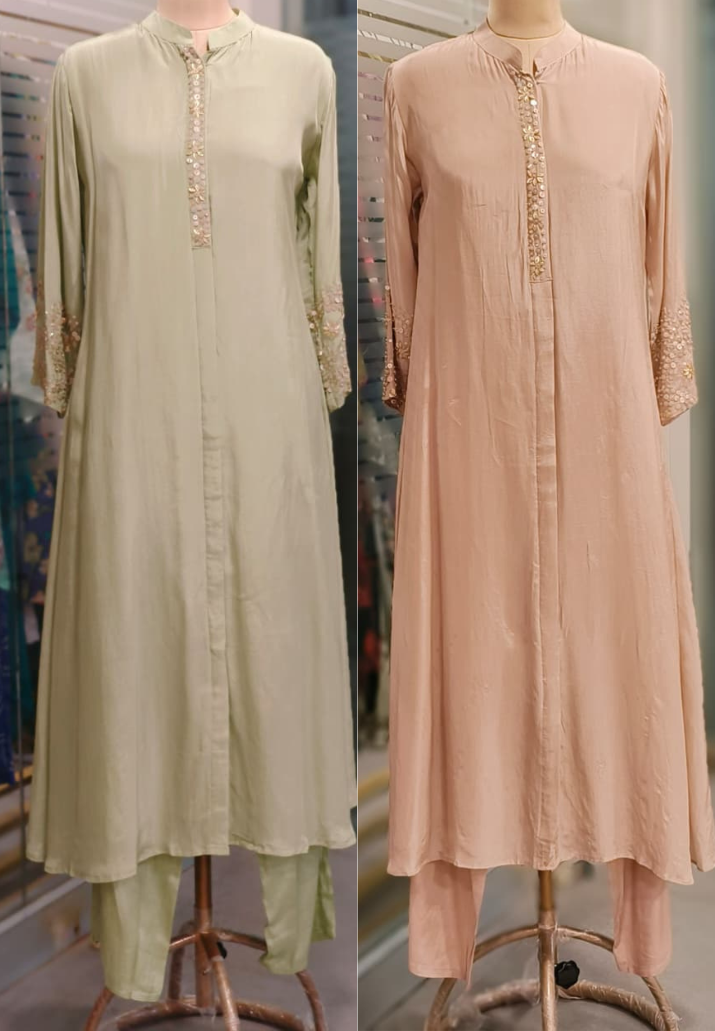 Half Rounded Foil Work Sleeve Decent Look Solid A-Line Long Kurta Pant Set