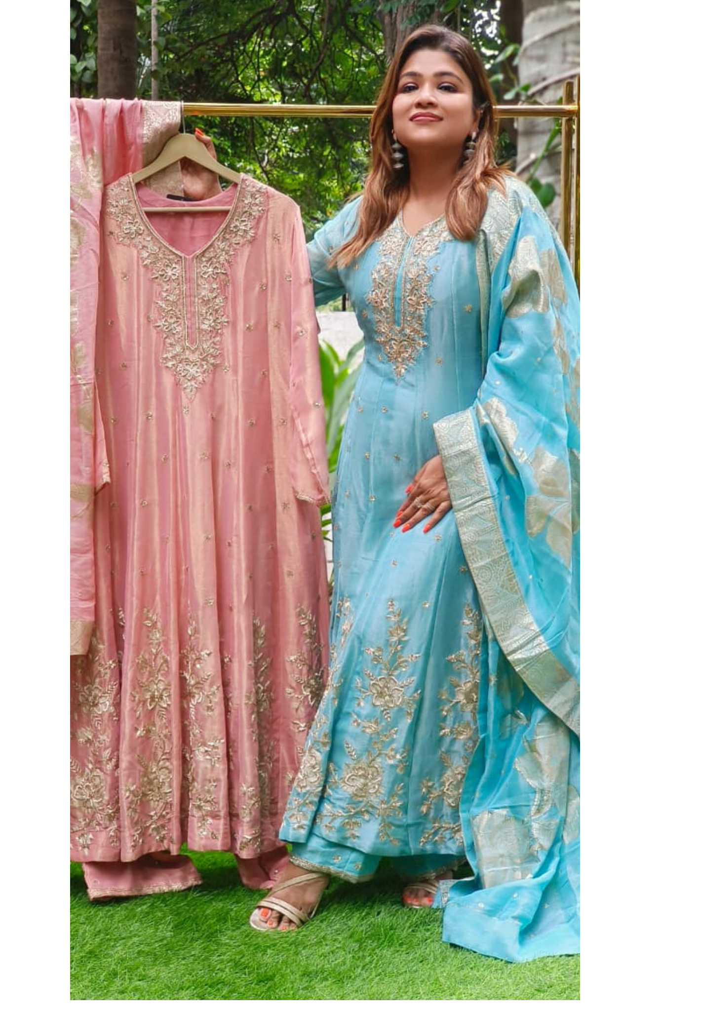 Tiny Spiral Beads Beautiful Handwork Premium Panel Anarkali Full Suit Set With Dupatta In Pure Tissue Fabric- 11380,