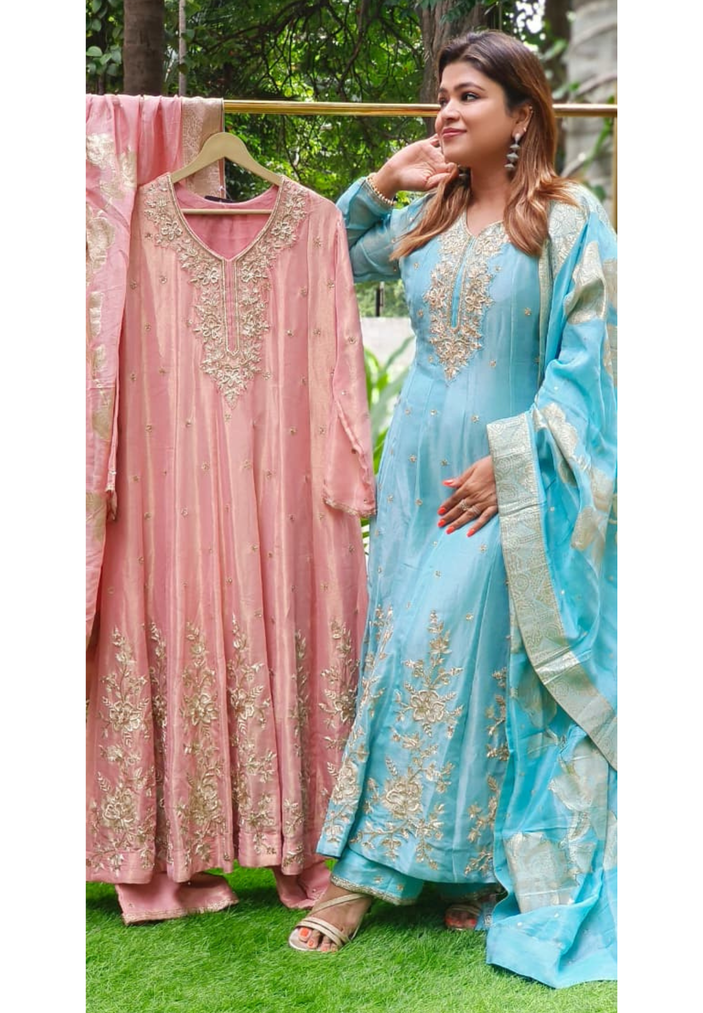 Tiny Spiral Beads Beautiful Handwork Premium Panel Anarkali Full Suit Set With Dupatta In Pure Tissue Fabric- 11380,