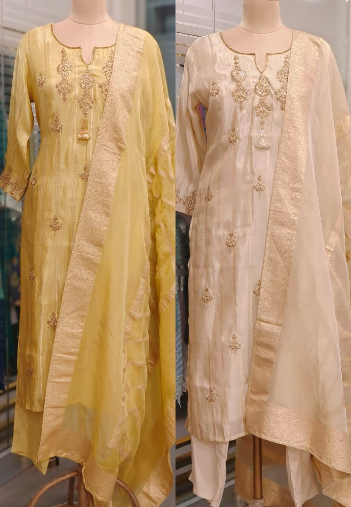 Very Suttle Placement Zari Work Full Suit Set With Dupatta In Tissue Fabric- 11358