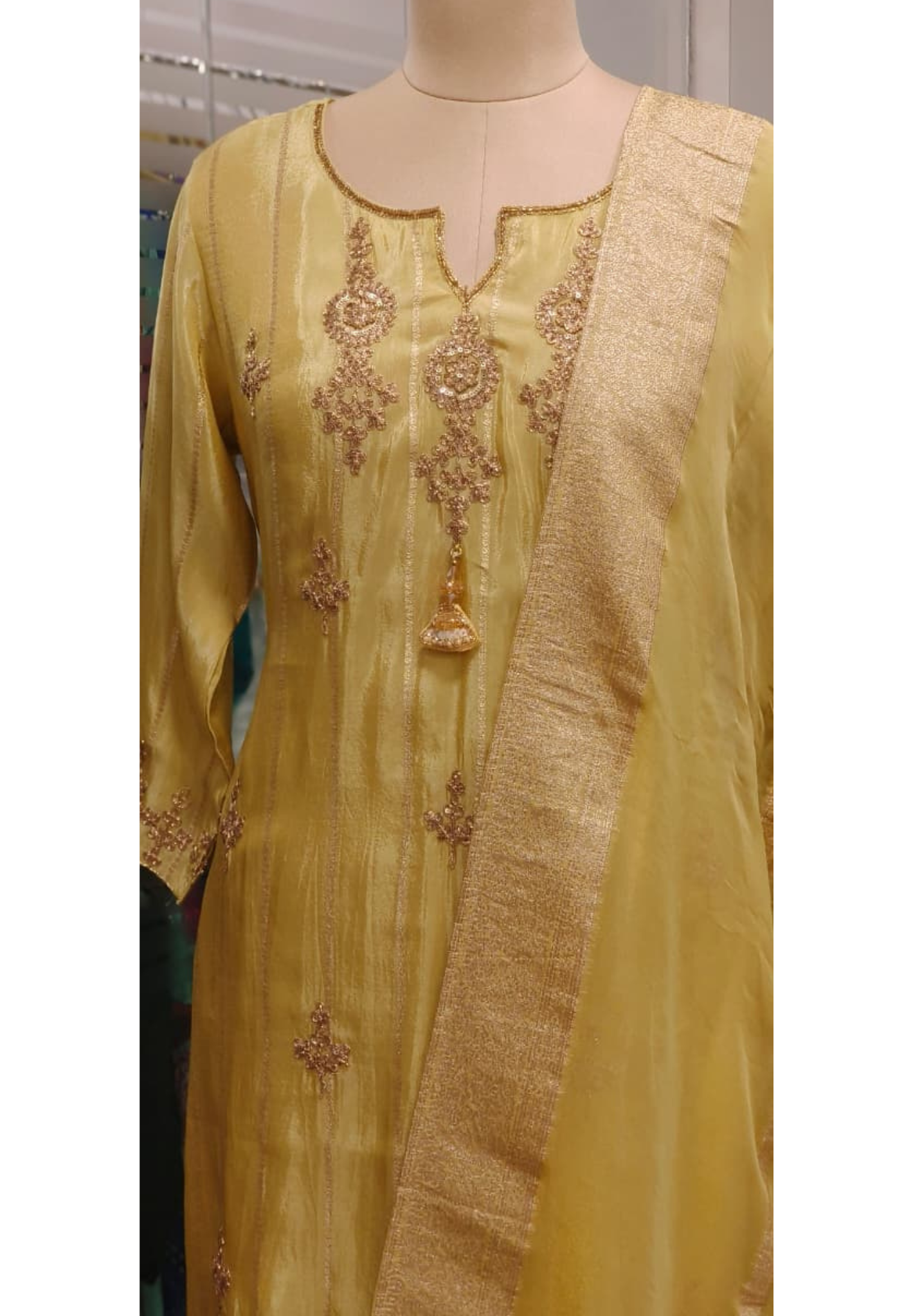 Very Suttle Placement Zari Work Full Suit Set With Dupatta In Tissue Fabric- 11358