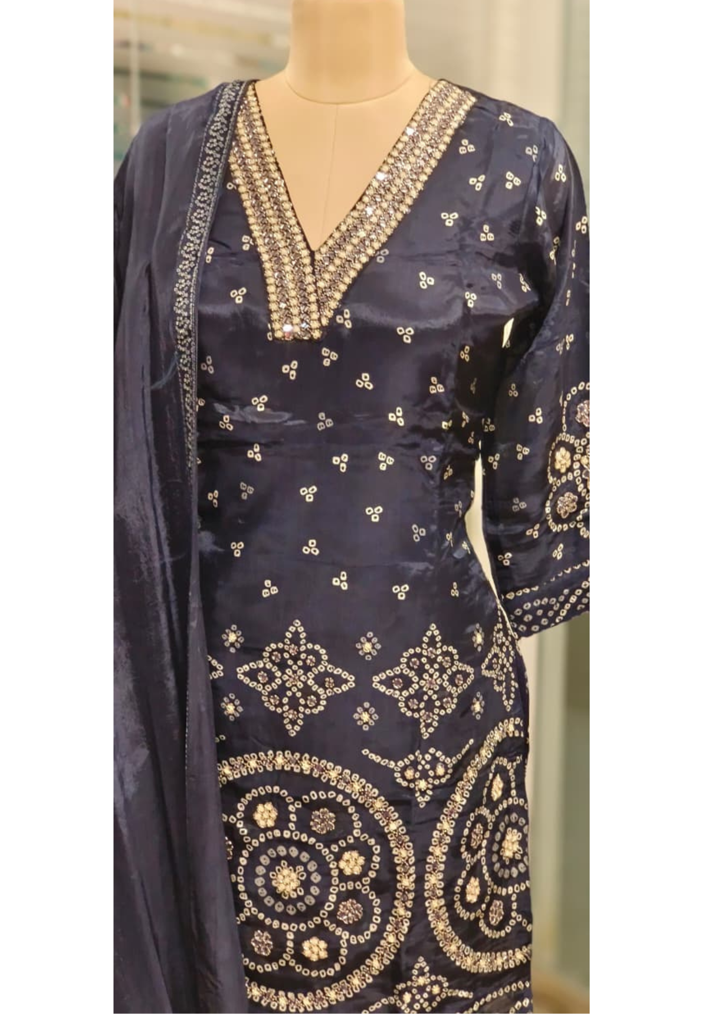 Foil & Thread Embroidered Unique Dotted V-Neck Full Suit Set With Dupatta & Loose Palazzo Bottom In Dola Silk Fabric- 11223