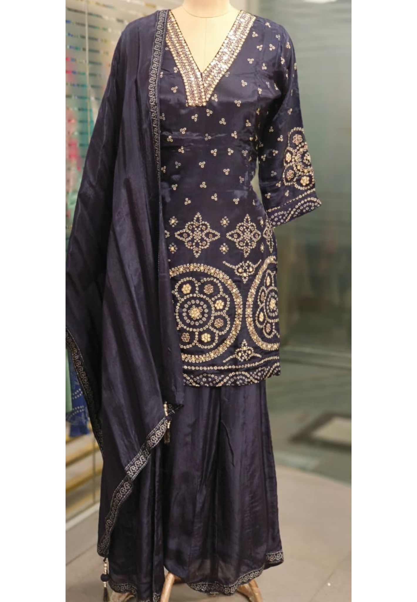 Foil & Thread Embroidered Unique Dotted V-Neck Full Suit Set With Dupatta & Loose Palazzo Bottom In Dola Silk Fabric- 11223