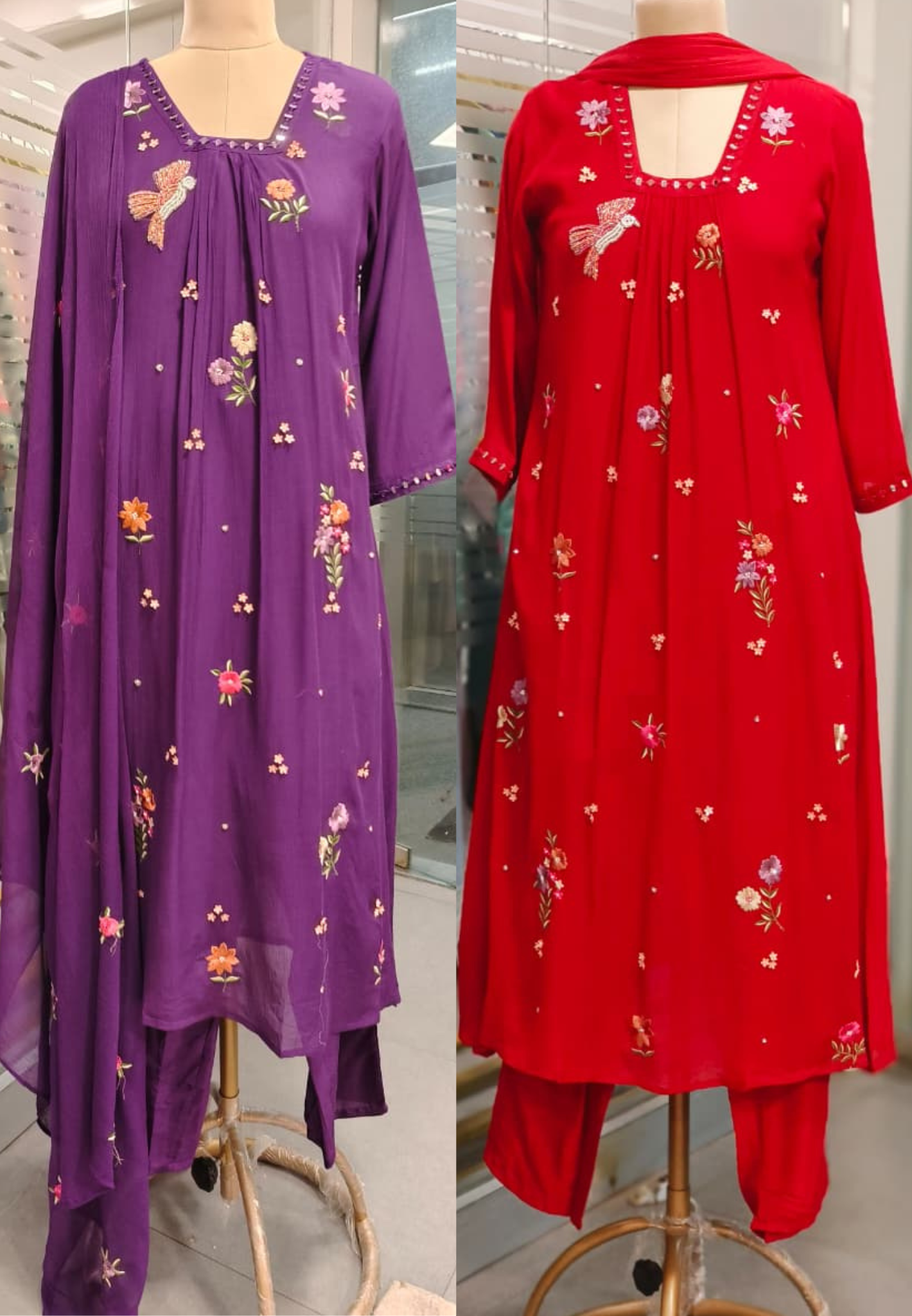 Pearl Bird & Floral Thread Embroidered A-Line Full Suit Set With Dupatta In Chinon Fabric- 11354