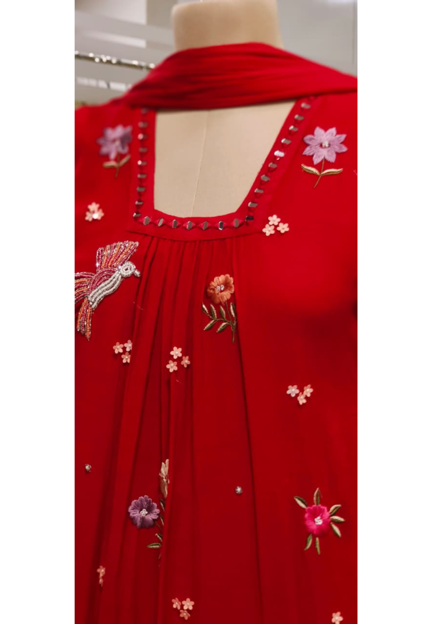 Pearl Bird & Floral Thread Embroidered A-Line Full Suit Set With Dupatta In Chinon Fabric- 11354