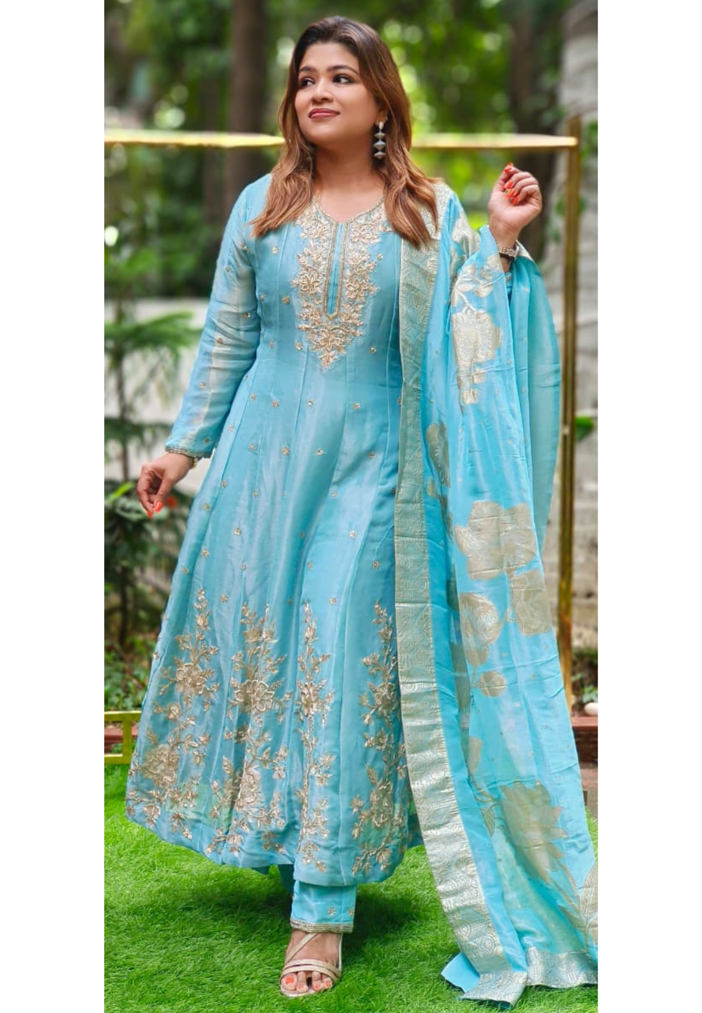 Tiny Spiral Beads Beautiful Handwork Premium Panel Anarkali Full Suit Set With Dupatta In Pure Tissue Fabric- 11380,