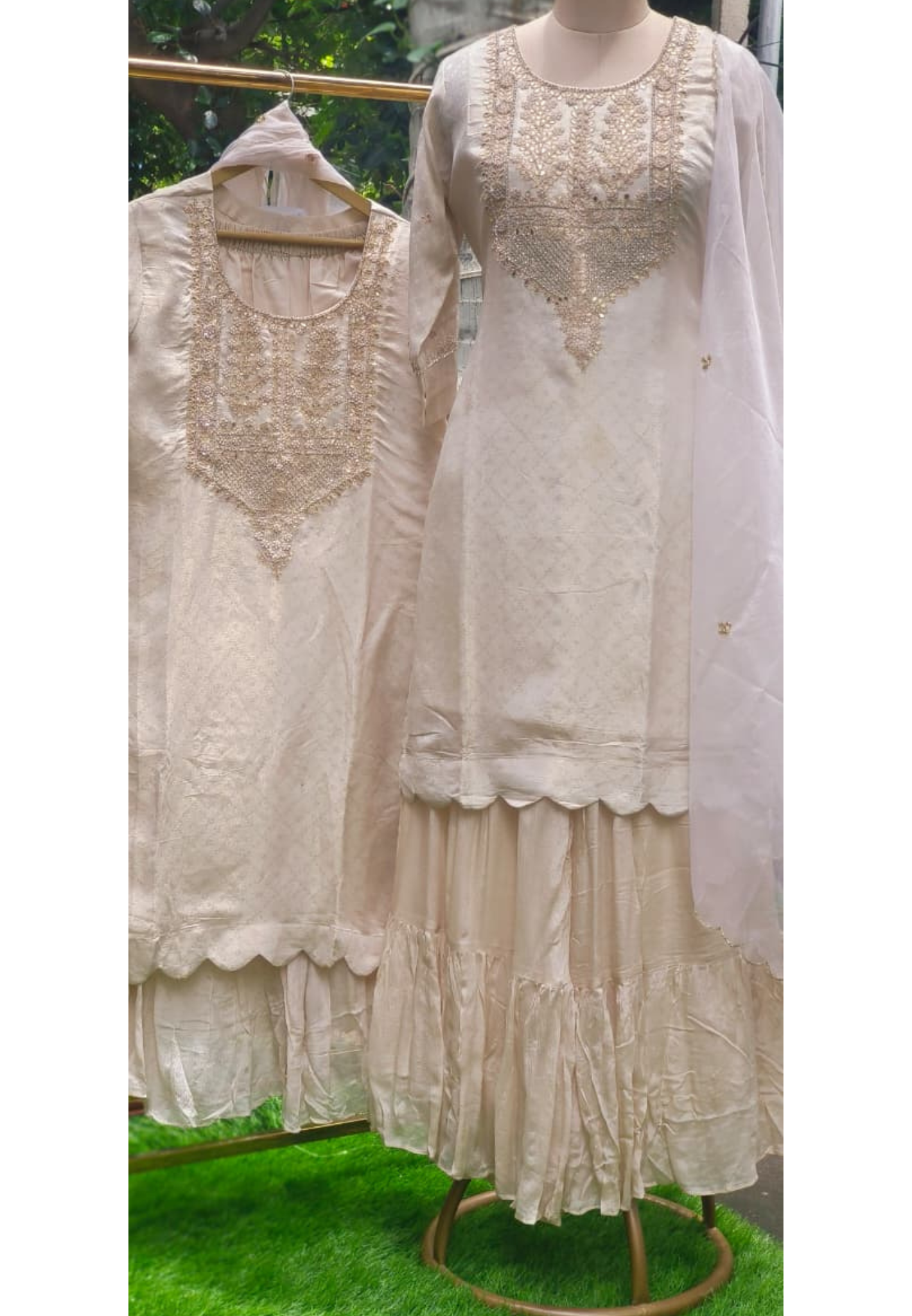 Zari Elegance Beautiful Yoke Sharara Full Suit Set With Netted Dupatta-