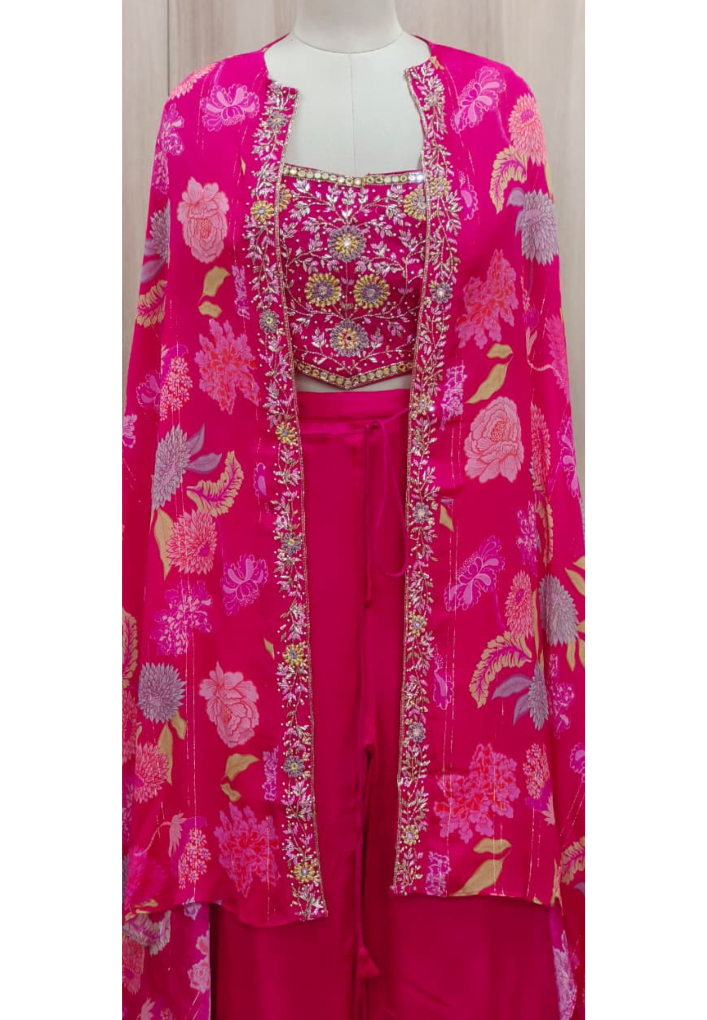 Beautiful Handwork Buster With Loose Palazzo Bottom & Floral Cape In Chinon Lurix Fabric