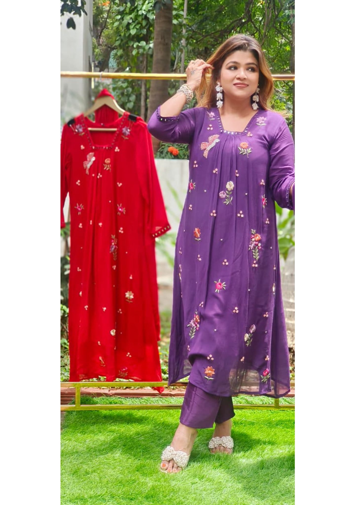 Pearl Bird & Floral Thread Embroidered A-Line Full Suit Set With Dupatta In Crush Mul Chanderi Fabric- 11354