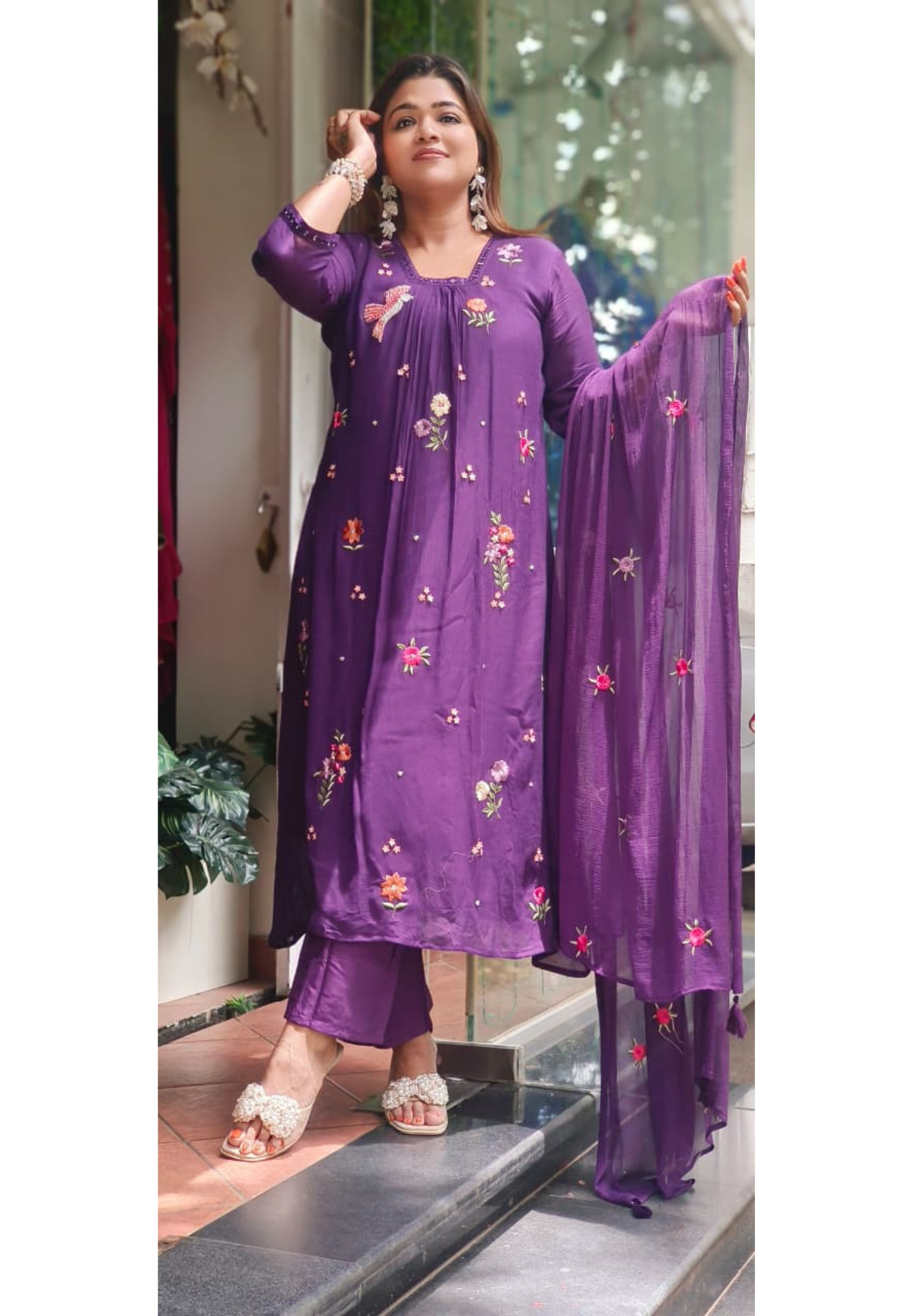 Pearl Bird & Floral Thread Embroidered A-Line Full Suit Set With Dupatta In Crush Mul Chanderi Fabric- 11354
