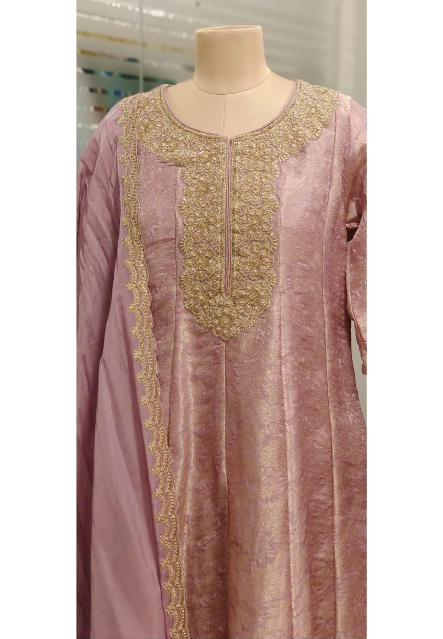 Zardosi Work Brocade Short Length Panel Anarkali With Loose Palazzo Work Bottom & Bordered Dupatta- 11226