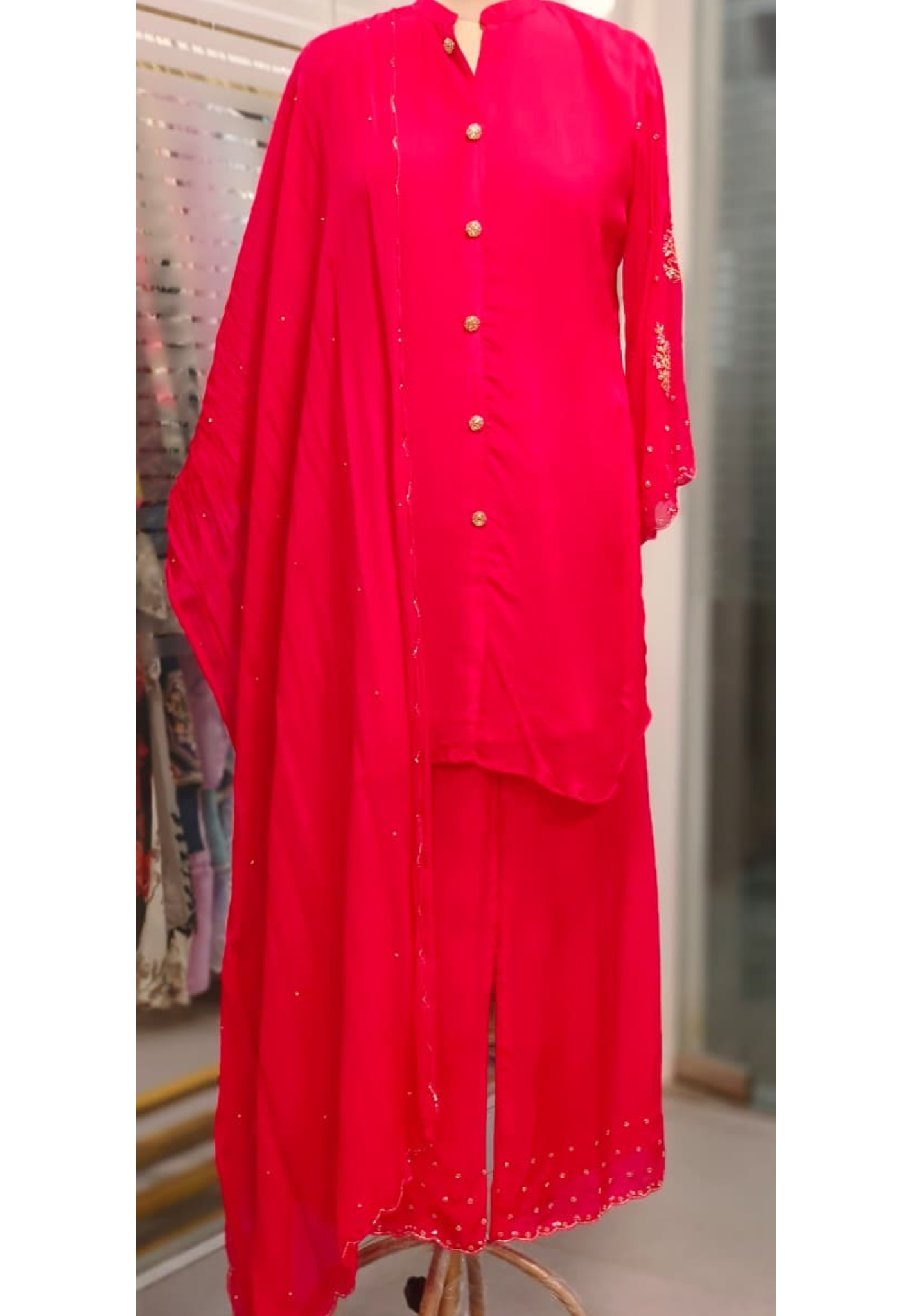 Radiant Blush Minimal Work Mandarin Collar Buttoned Full Suit Set With Dupatta- 11230