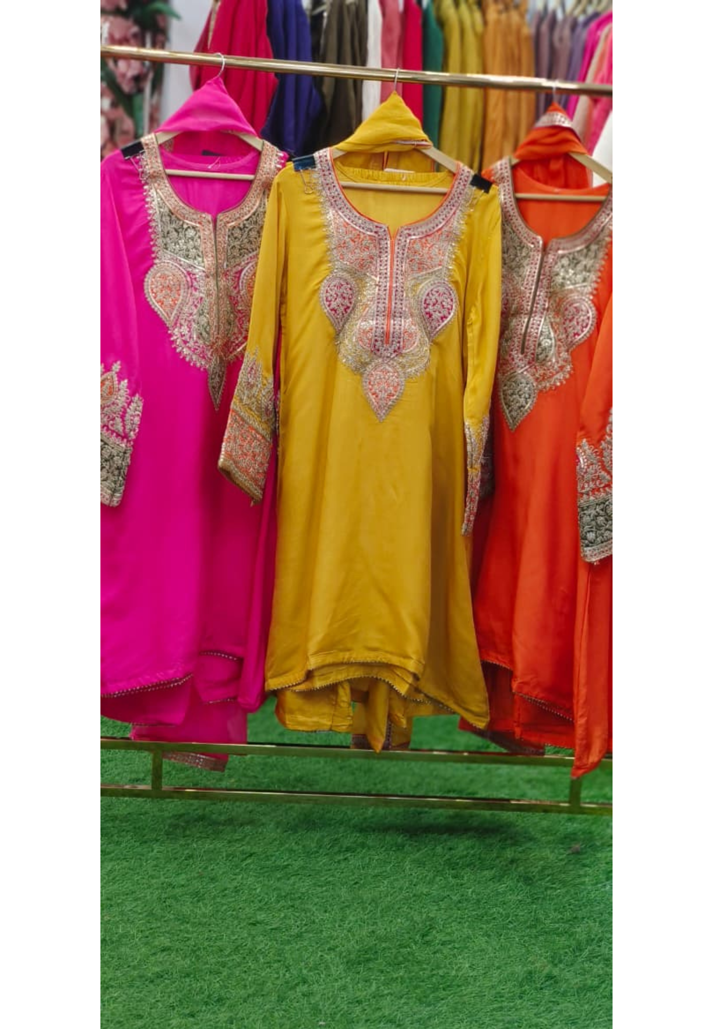 Beautiful Zari Gotta Machine Embroidered Heavy Design A-Line Short Length Full Suit Set With Dupatta & Loose Bottom