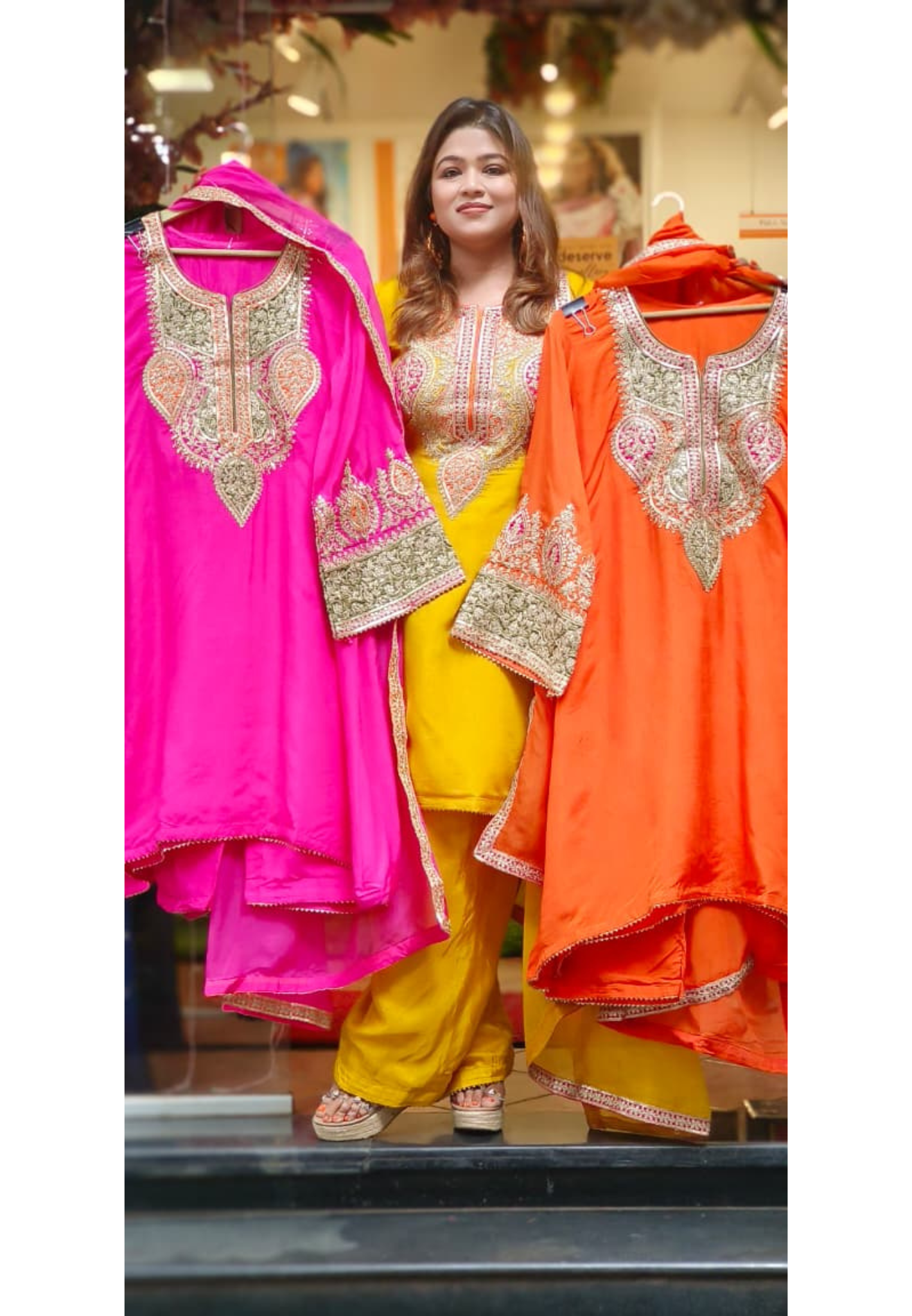 Beautiful Zari Gotta Machine Embroidered Heavy Design A-Line Short Length Full Suit Set With Dupatta & Loose Bottom