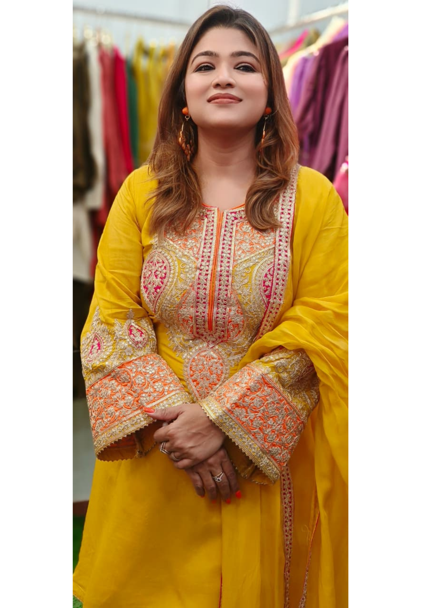 Beautiful Zari Gotta Machine Embroidered Heavy Design A-Line Short Length Full Suit Set With Dupatta & Loose Bottom
